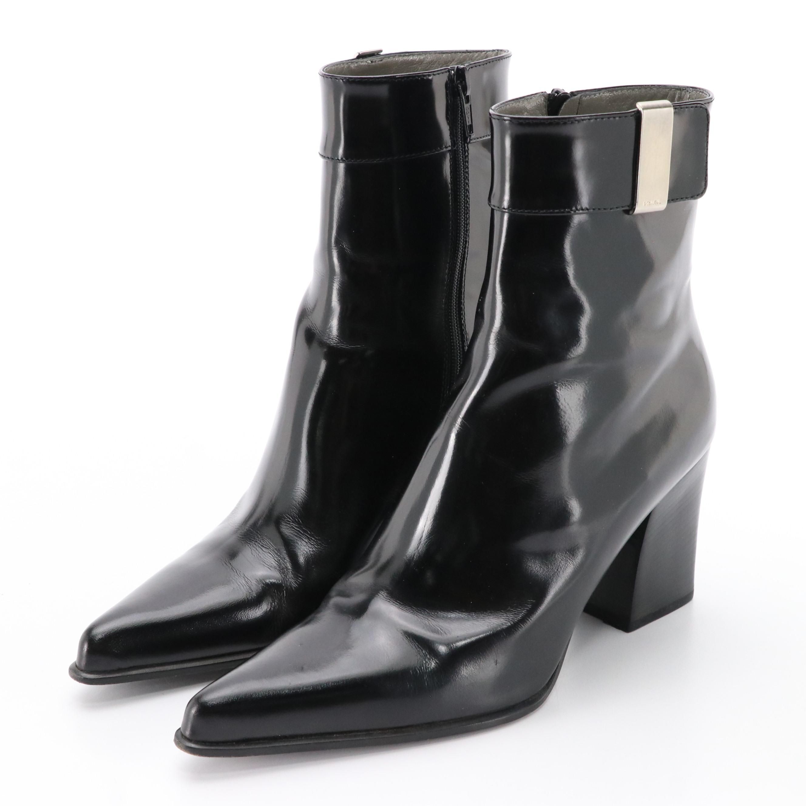 Prada Pointed-Toe Ankle Boots in Black Patent Leather with Box