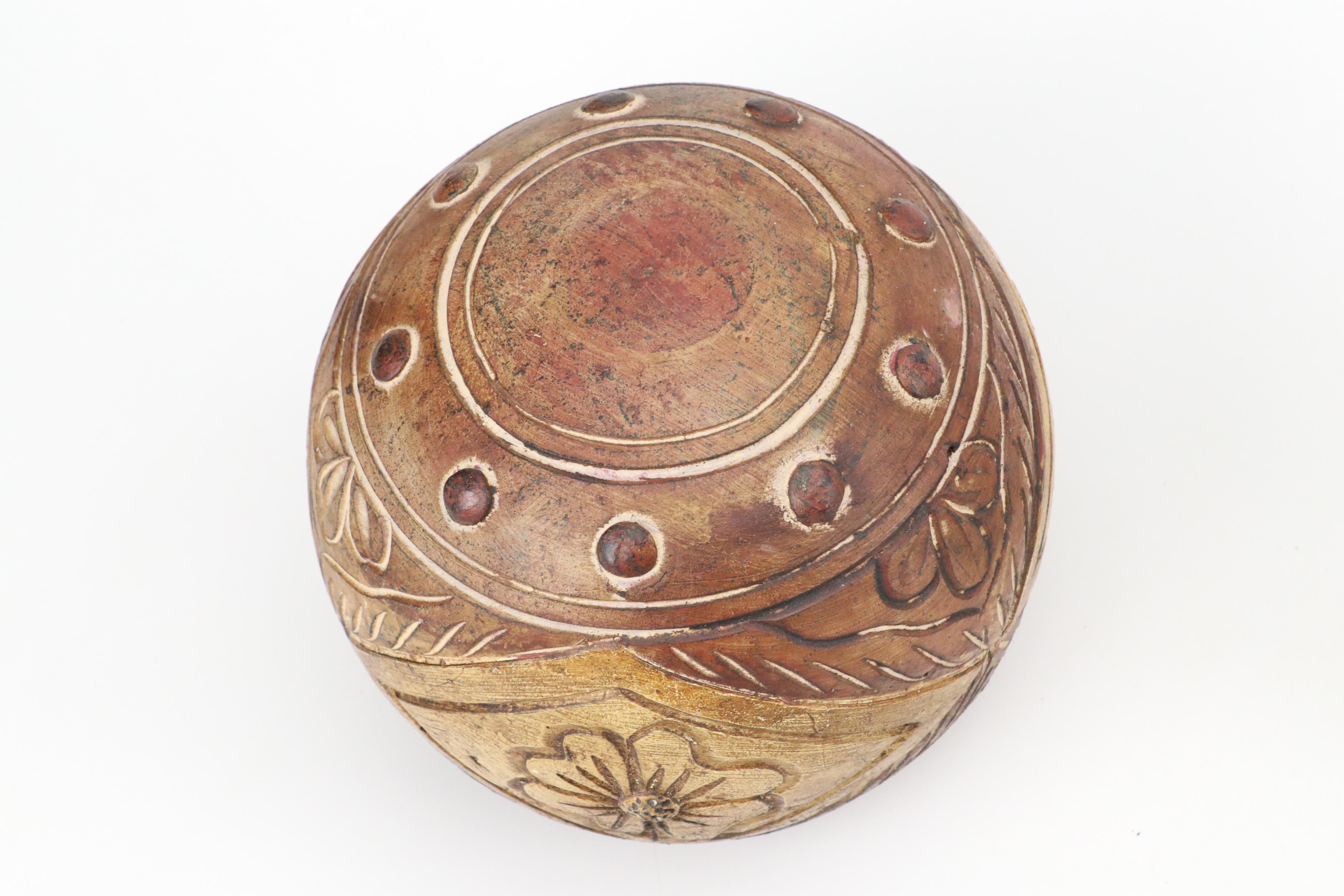 Stoneware Wax Sealed Crock with Carved Earthenware Art Pottery Orbs