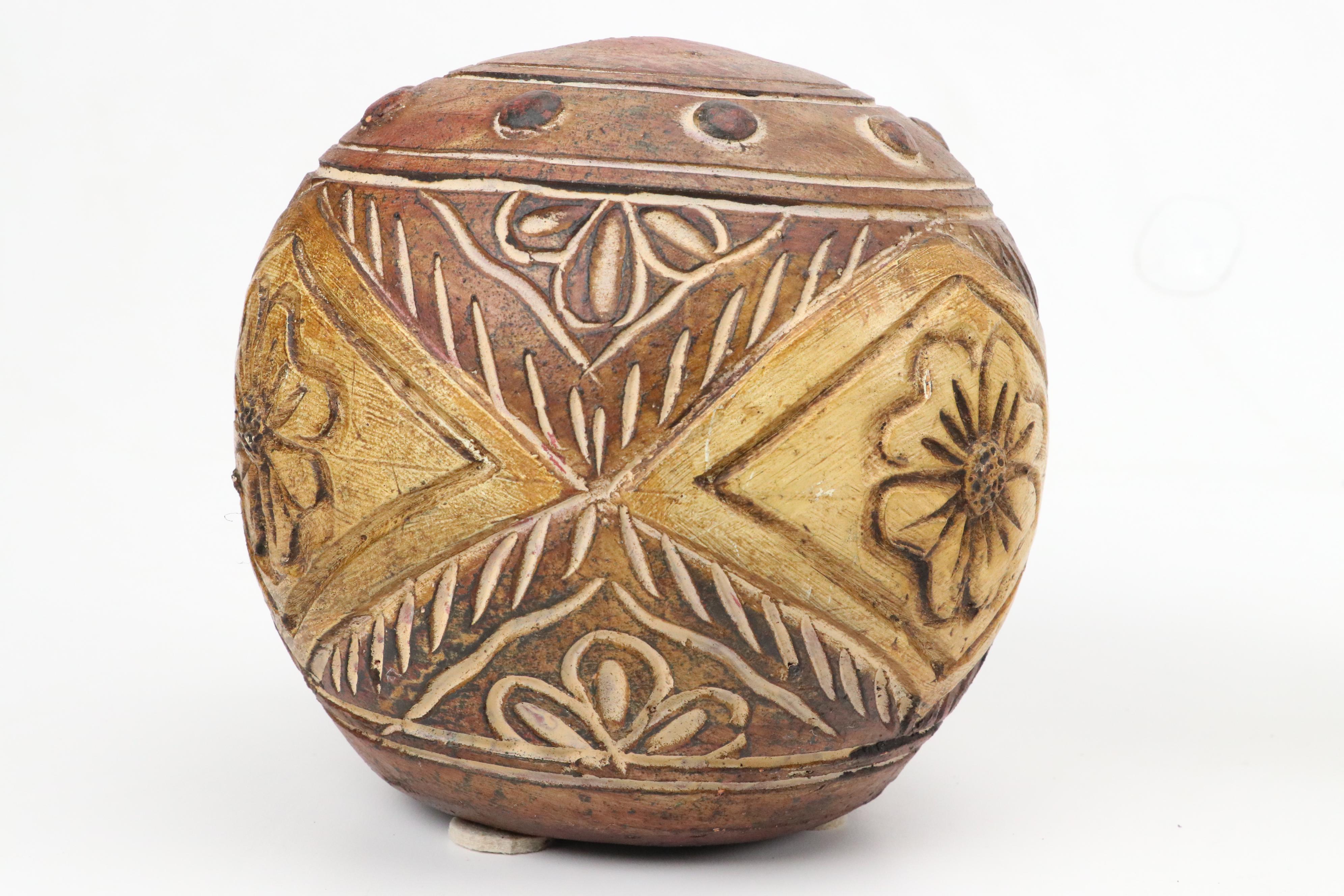 Stoneware Wax Sealed Crock with Carved Earthenware Art Pottery Orbs