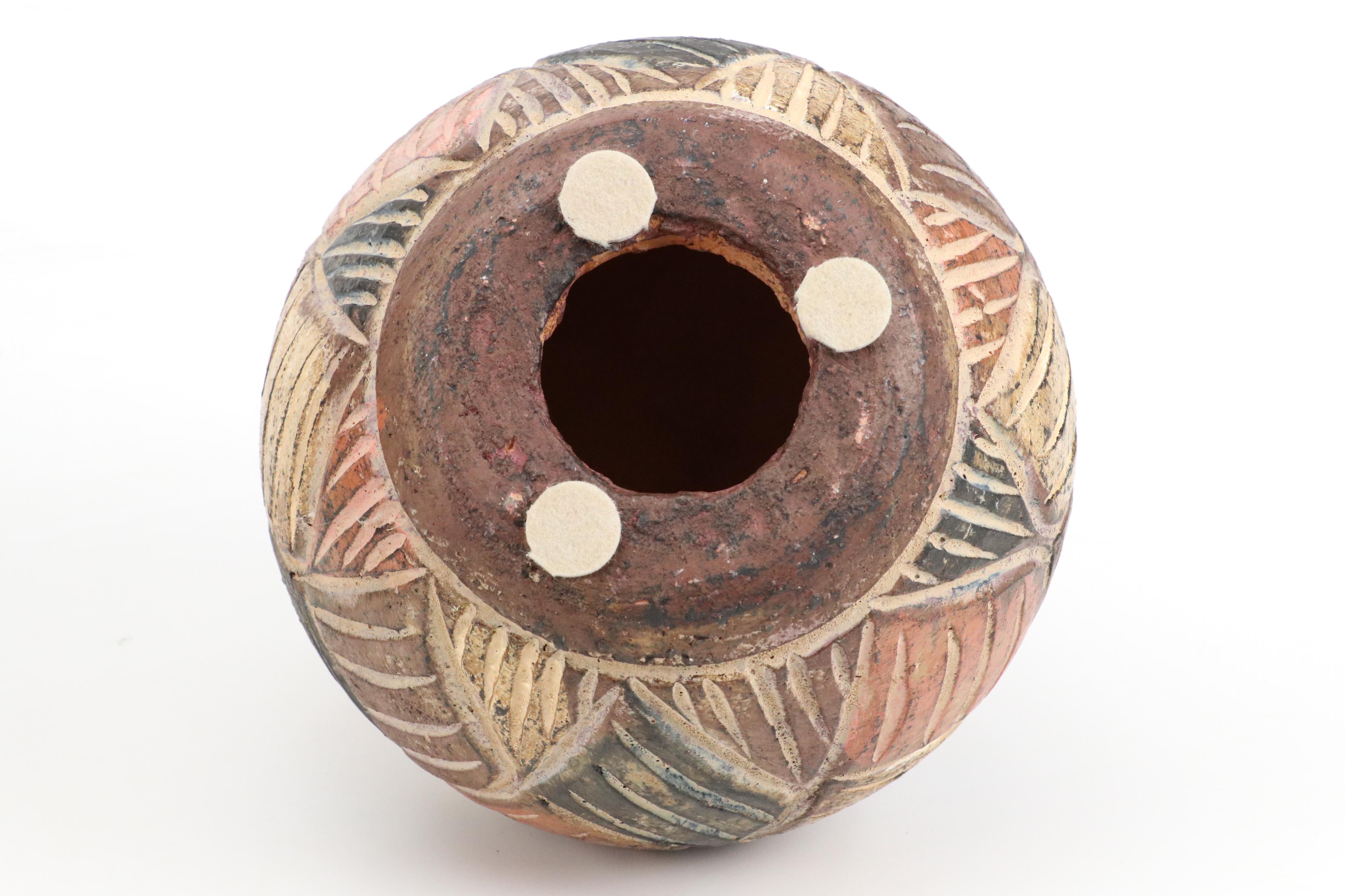 Stoneware Wax Sealed Crock with Carved Earthenware Art Pottery Orbs