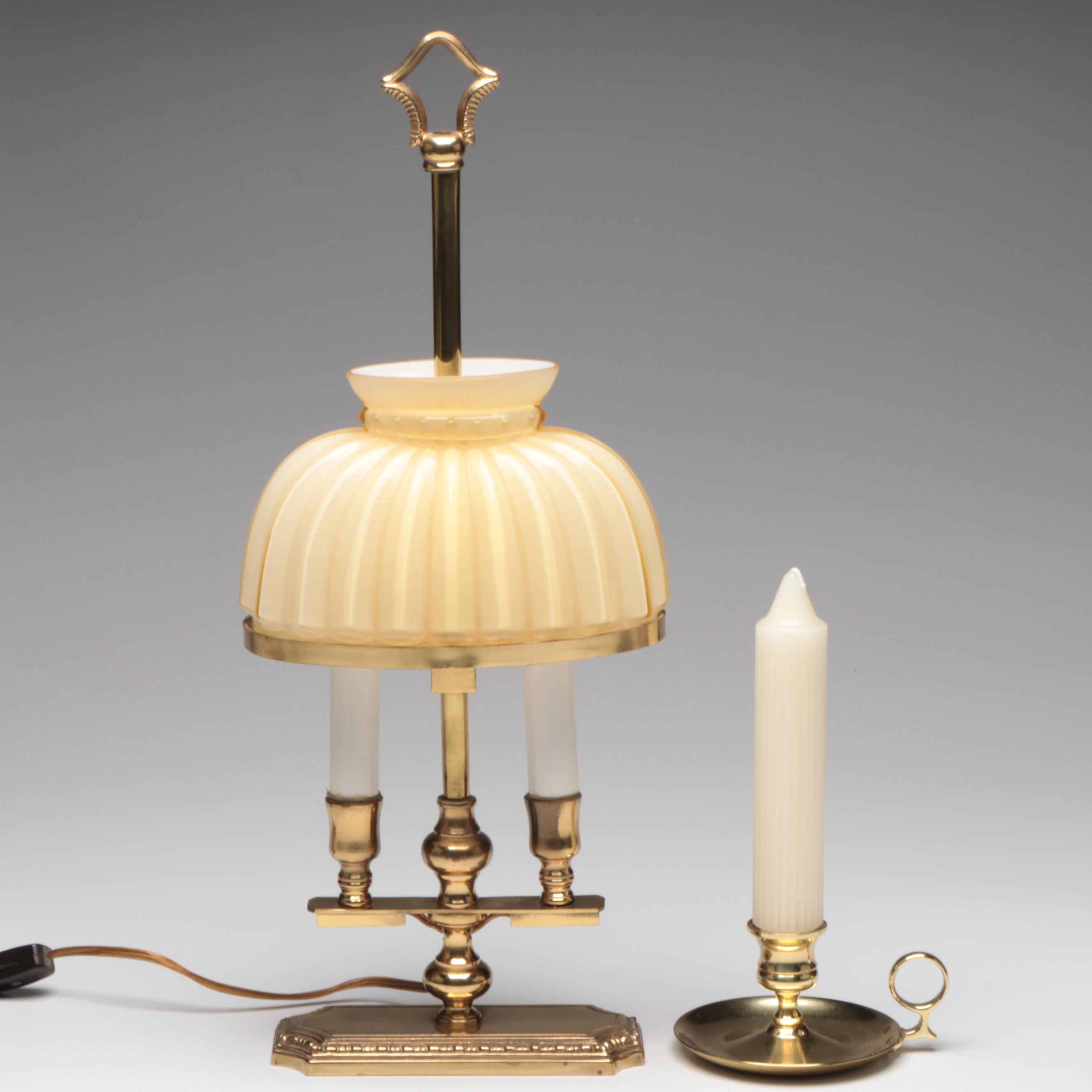 Italian Brass Bouillotte Table Lamp with Glass Shade and Baldwin Chamberstick
