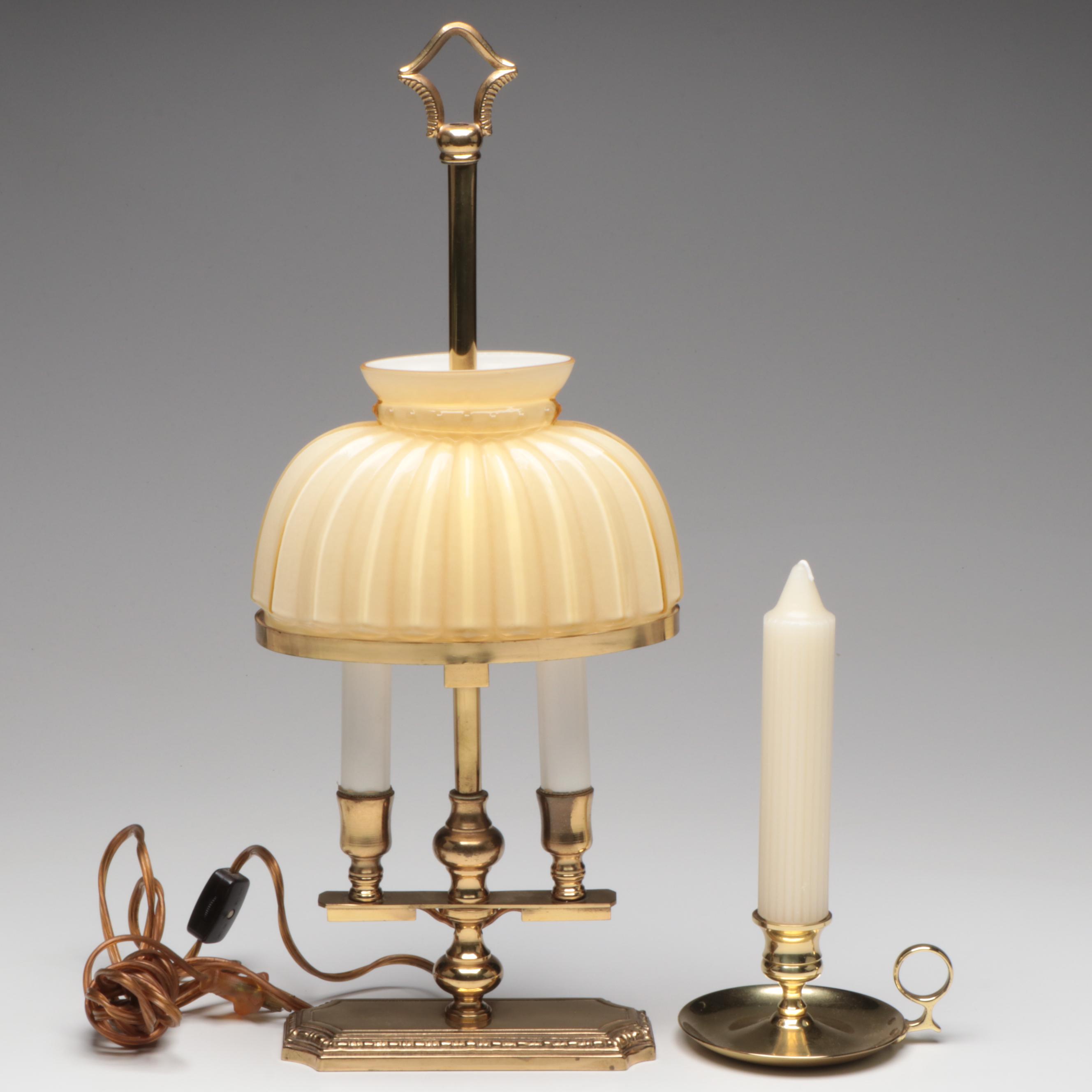 Italian Brass Bouillotte Table Lamp with Glass Shade and Baldwin Chamberstick