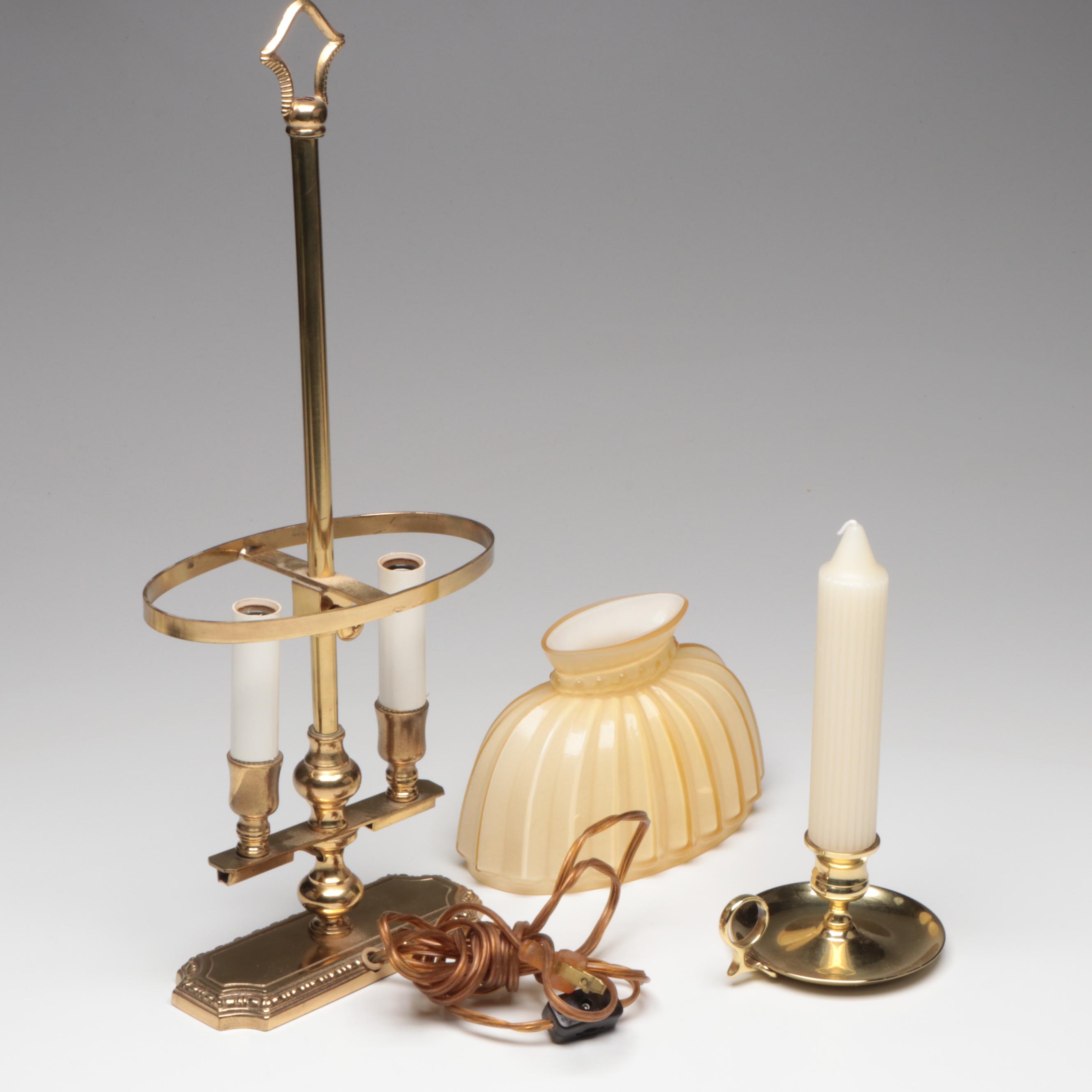 Italian Brass Bouillotte Table Lamp with Glass Shade and Baldwin Chamberstick