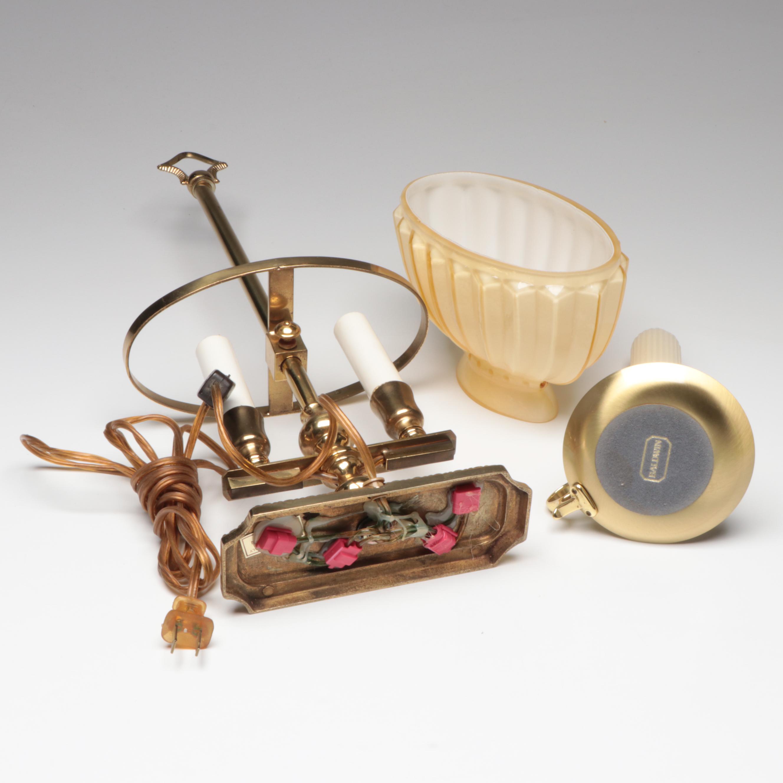 Italian Brass Bouillotte Table Lamp with Glass Shade and Baldwin Chamberstick