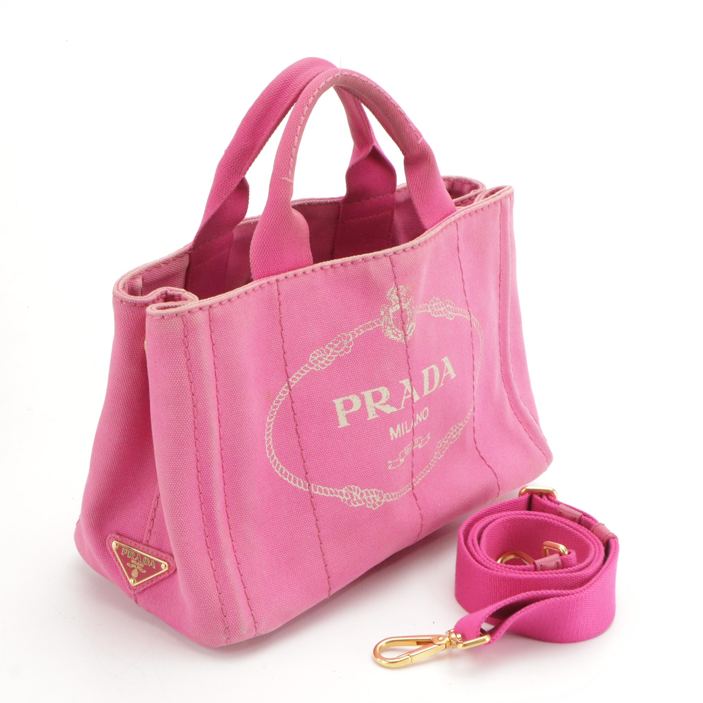 Prada Pink Canapa Canvas Two-Way Handbag with Detachable Strap