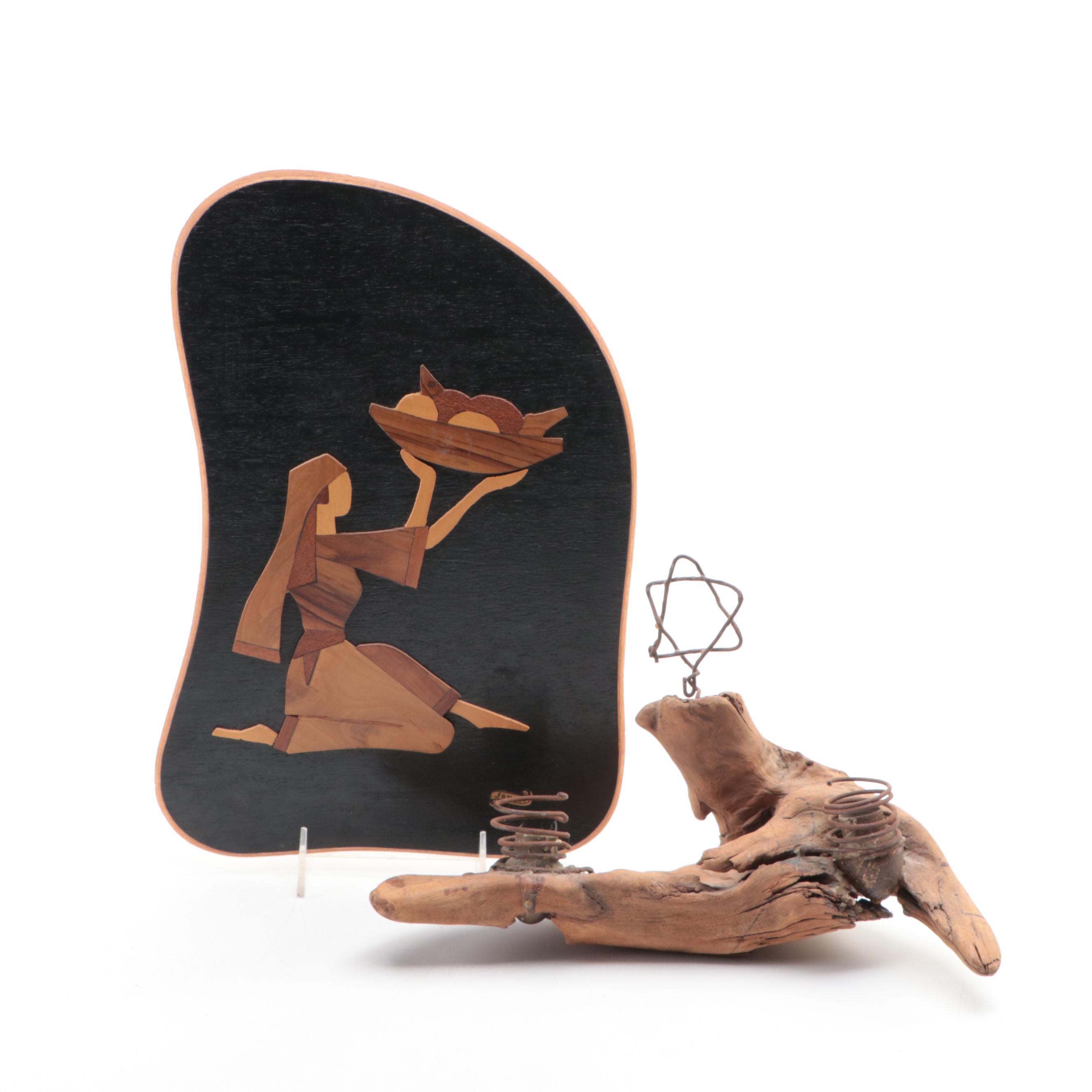 Driftwood and Wire Shabbat Candleholder with Israeli Marquetry Plaque