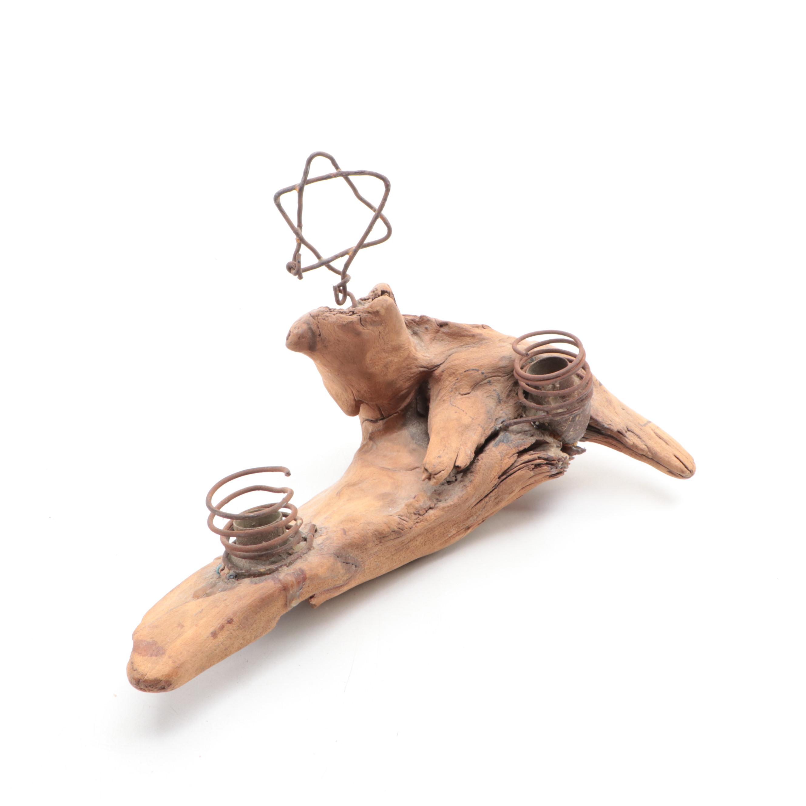 Driftwood and Wire Shabbat Candleholder with Israeli Marquetry Plaque