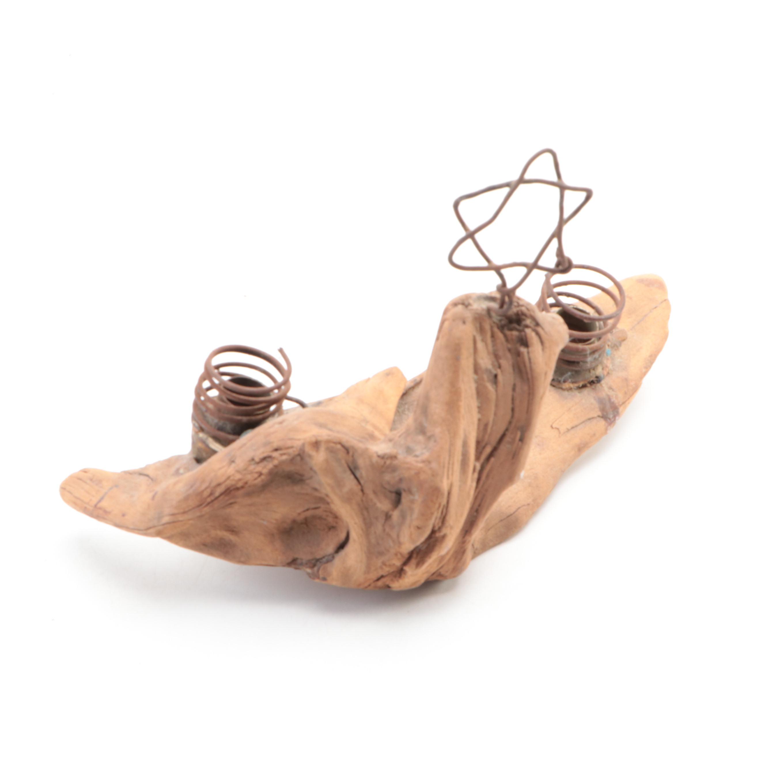Driftwood and Wire Shabbat Candleholder with Israeli Marquetry Plaque