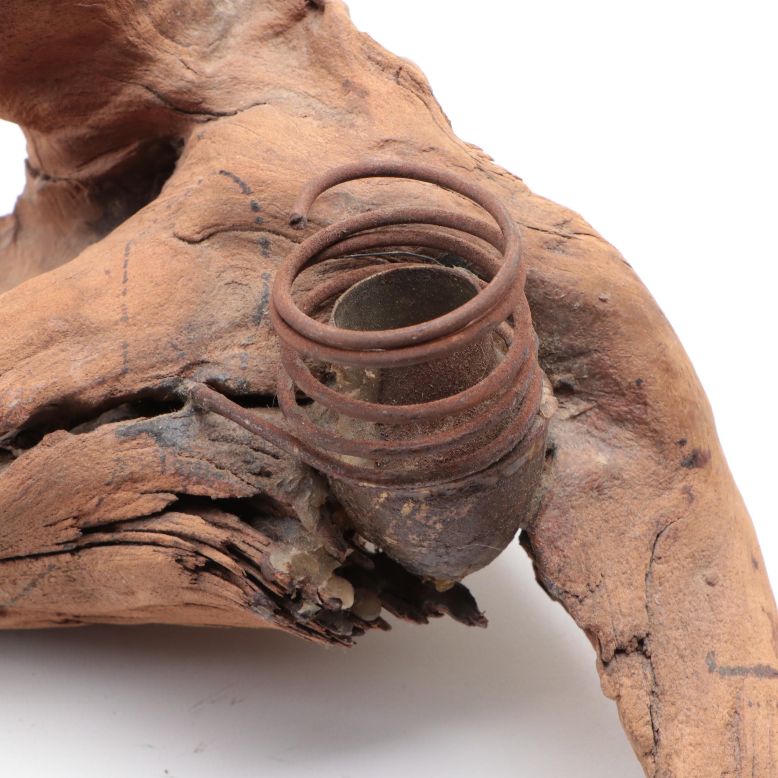 Driftwood and Wire Shabbat Candleholder with Israeli Marquetry Plaque