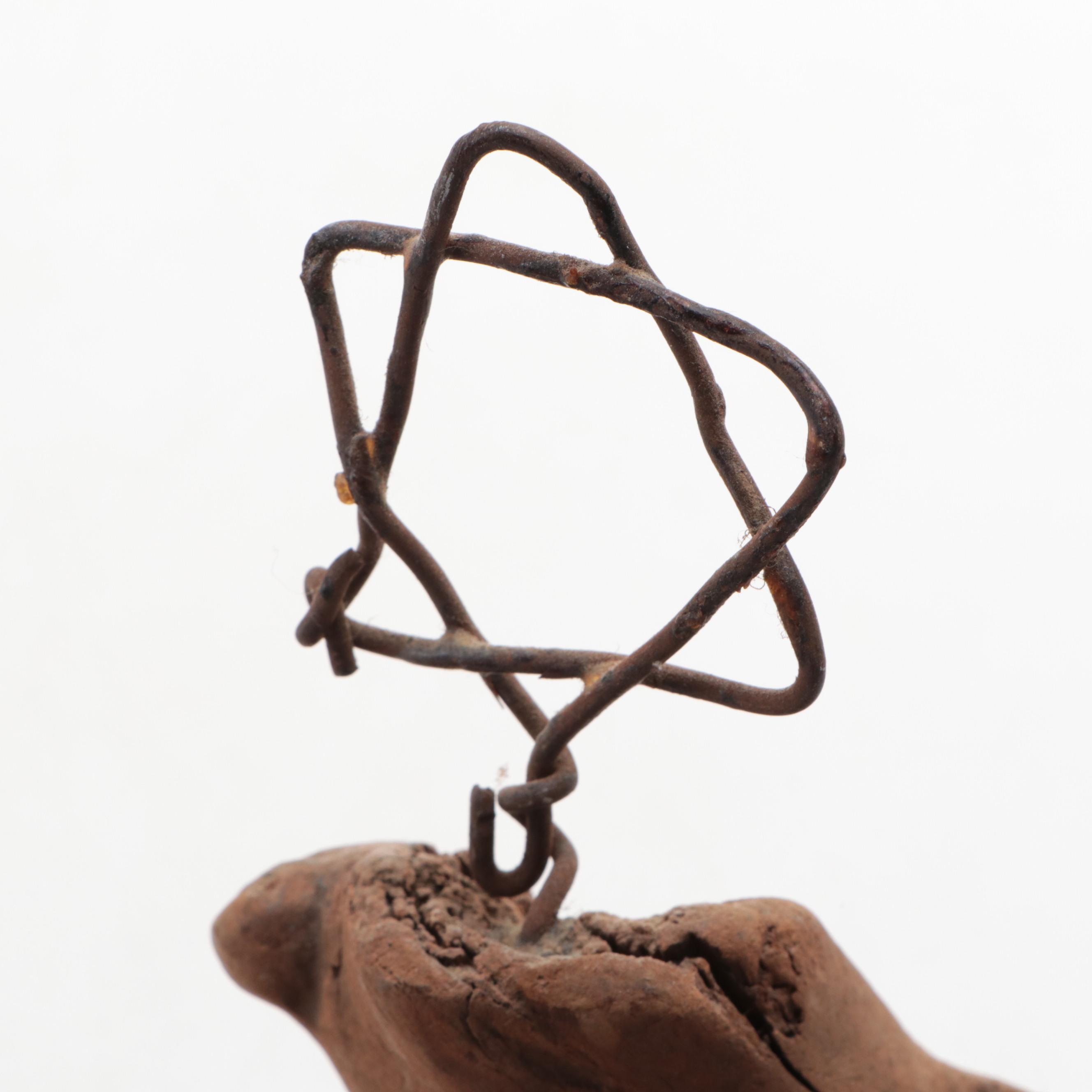 Driftwood and Wire Shabbat Candleholder with Israeli Marquetry Plaque