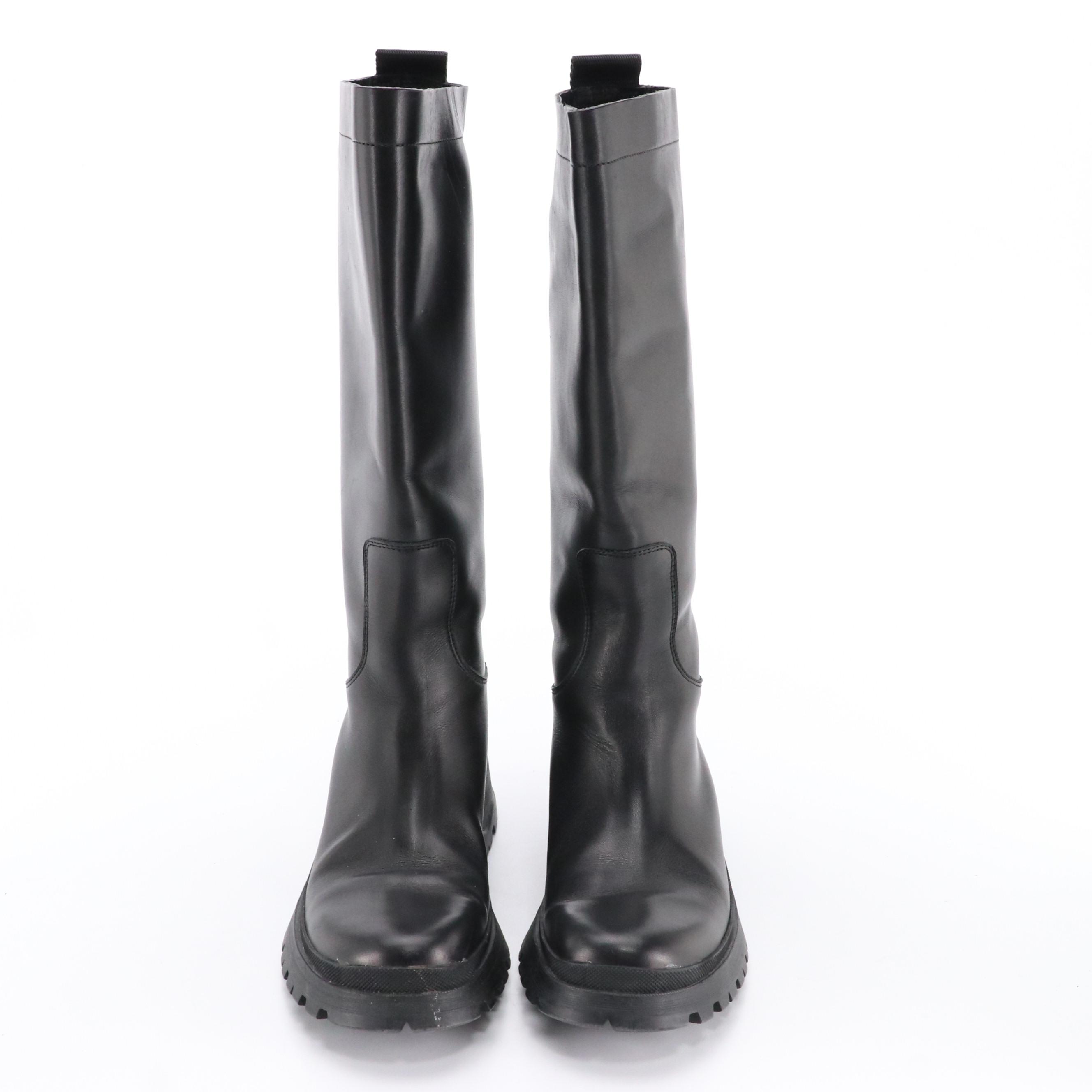 Prada Sport Black Leather Chunky Sole Mid-Calf Boots