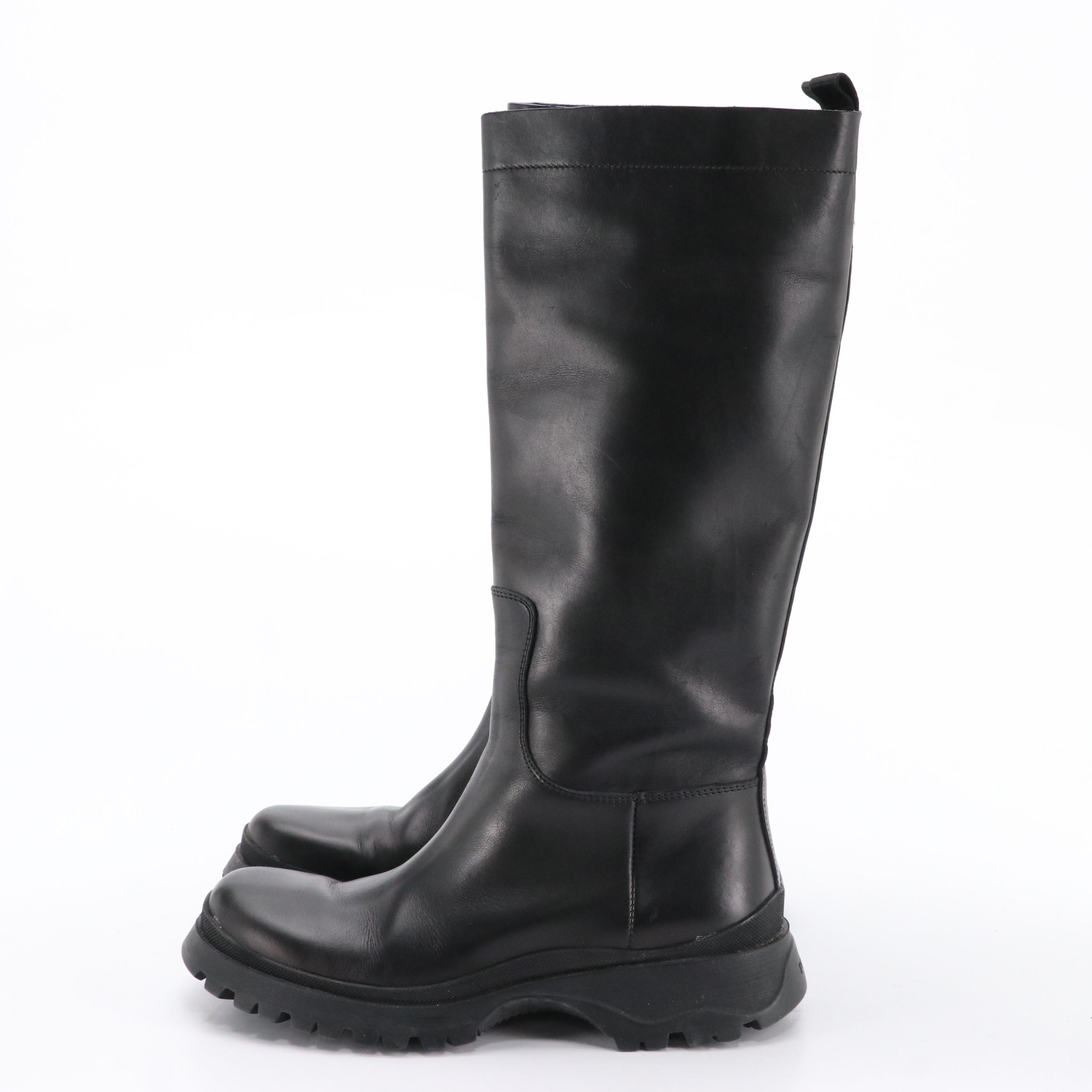 Prada Sport Black Leather Chunky Sole Mid-Calf Boots