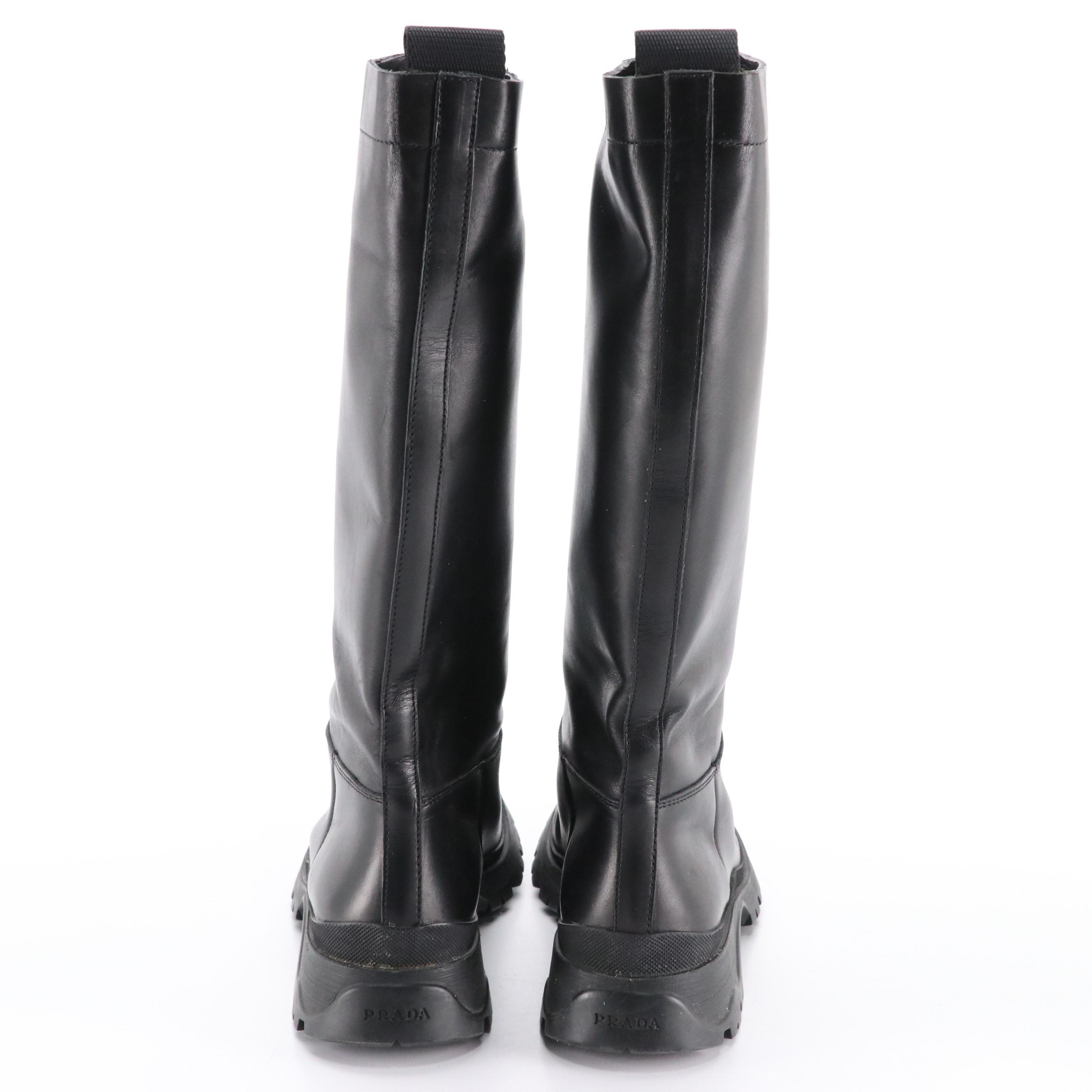 Prada Sport Black Leather Chunky Sole Mid-Calf Boots