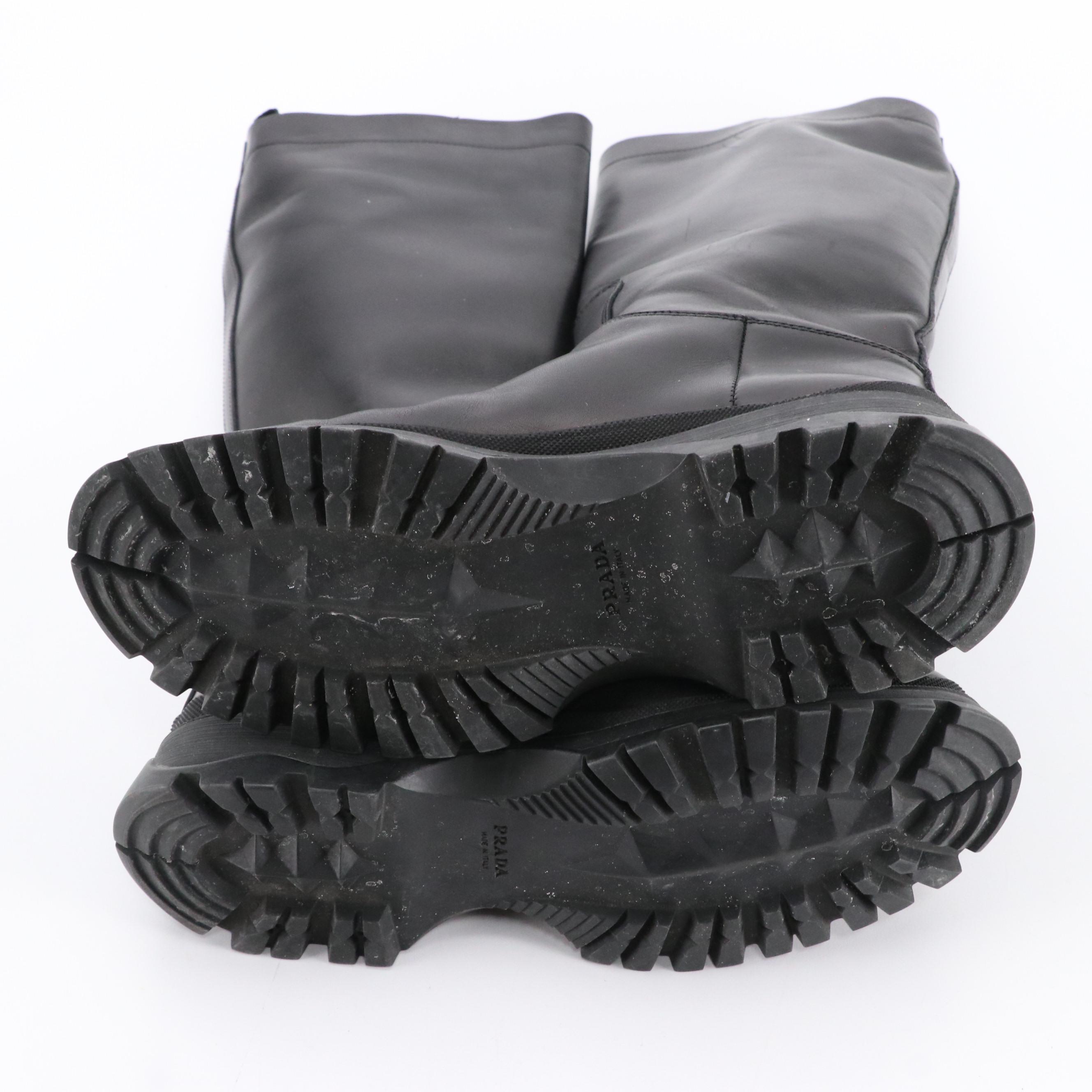 Prada Sport Black Leather Chunky Sole Mid-Calf Boots
