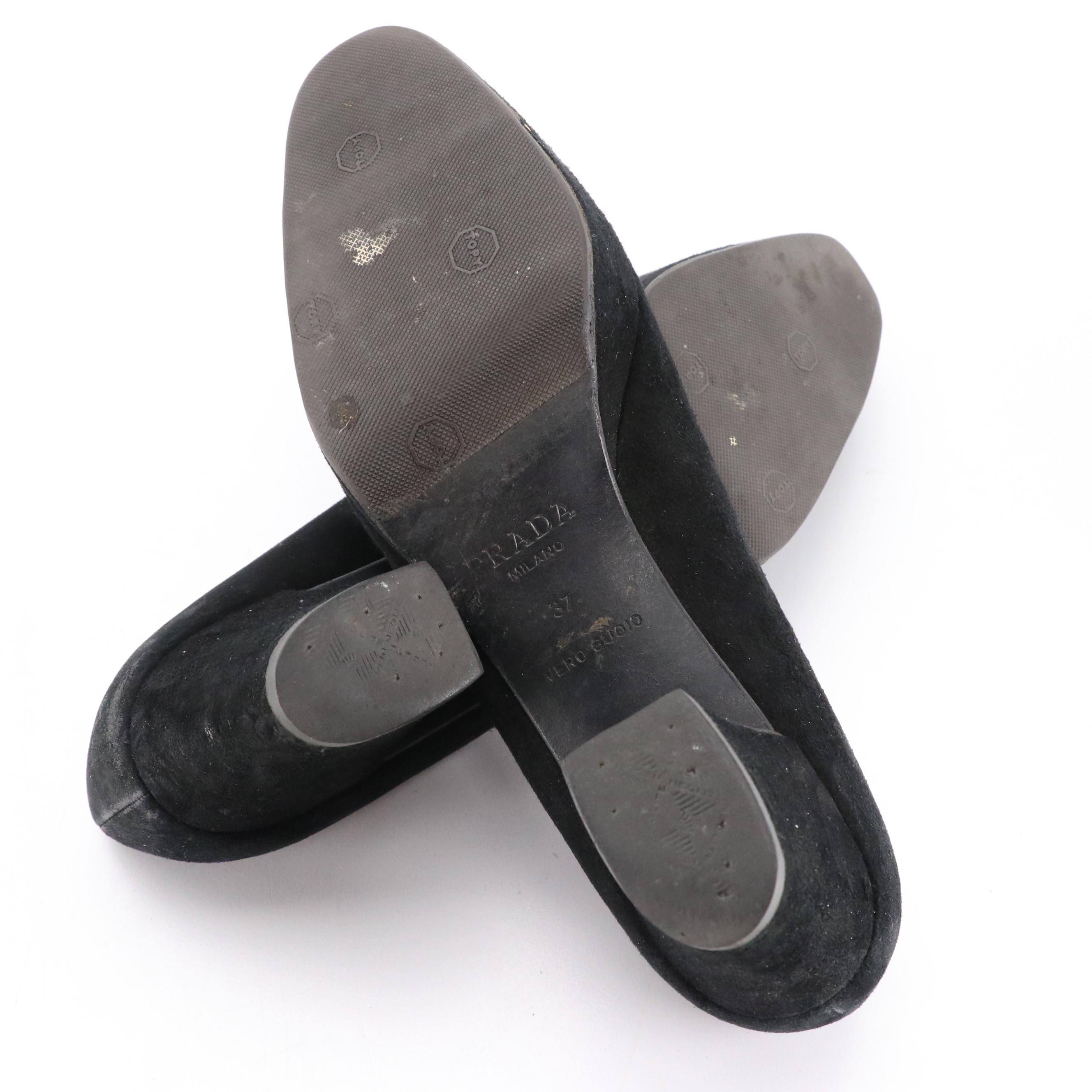 Prada Black Camoscio Suede Platform Heels in Box