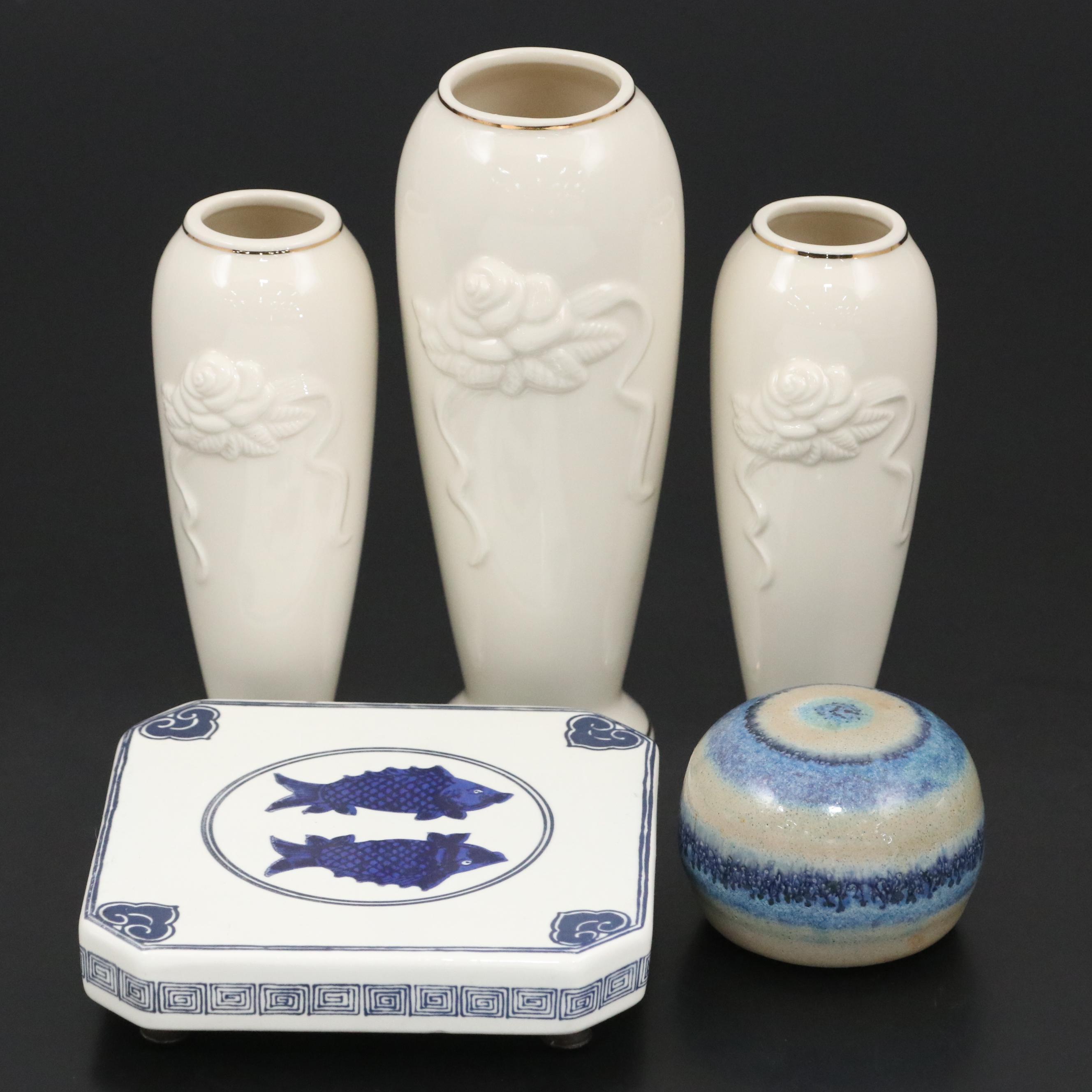 Lenox "Ivory Rose" Porcelain Vase Set with American Heritage Koi Fish Coaster