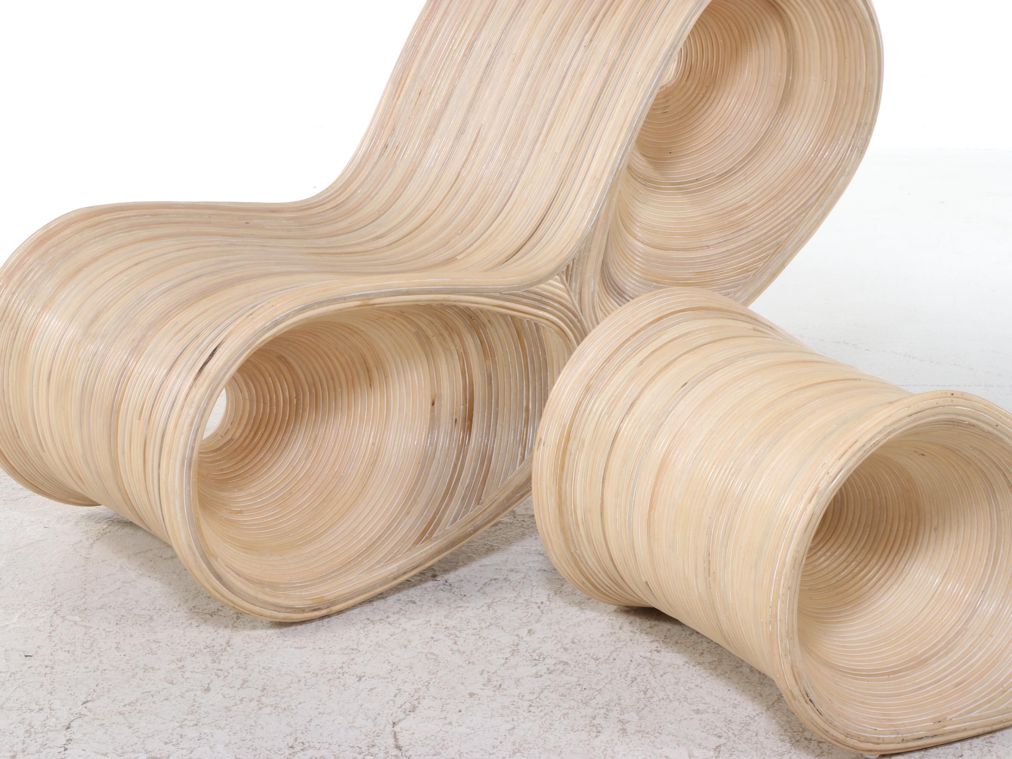 Sculptural Split Reed Lounge Chair and Ottoman in the Manner of Betty Cobonpue