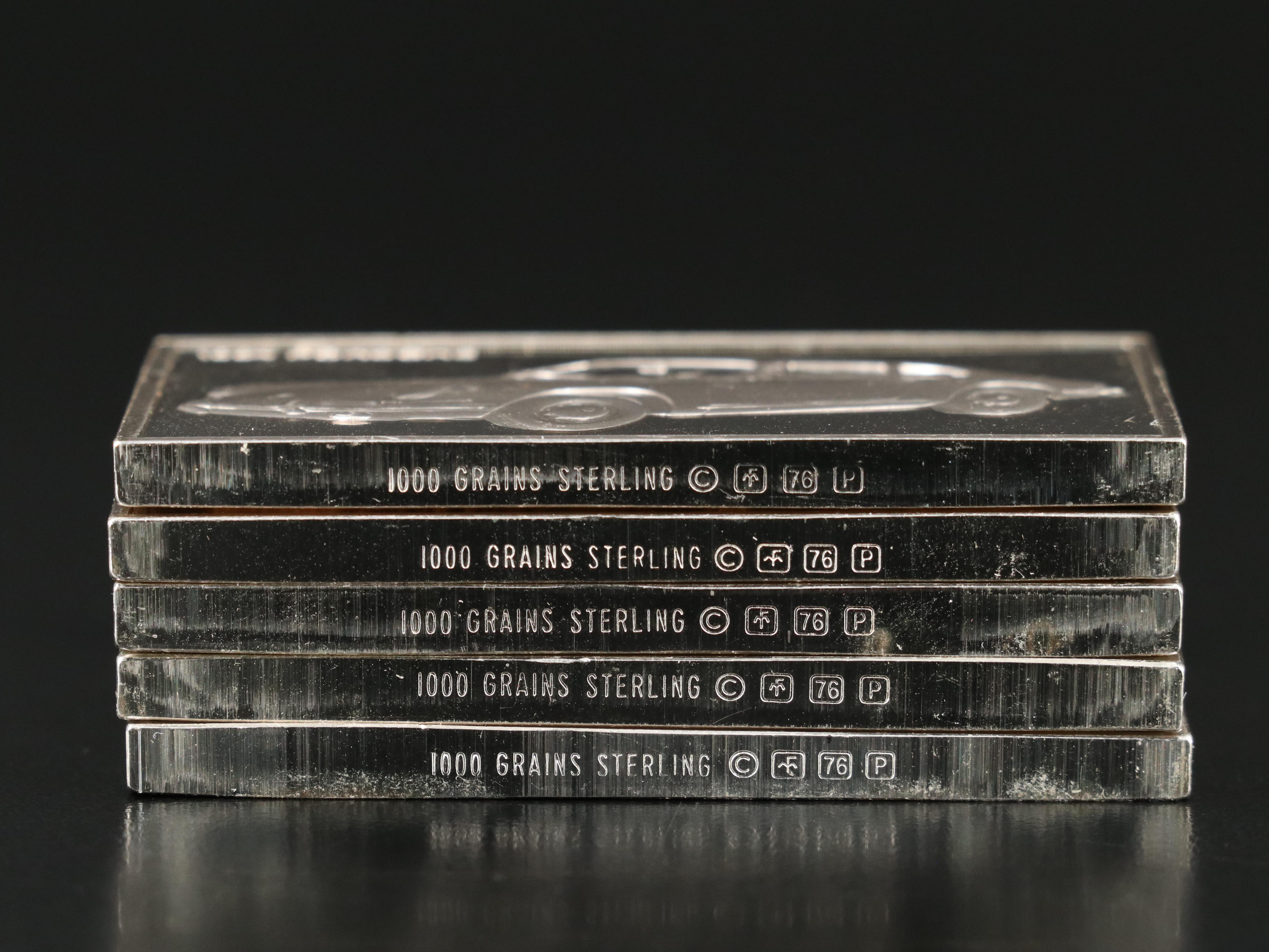 Five Franklin Mint Sterling Silver Bars Depicting Famous Cars
