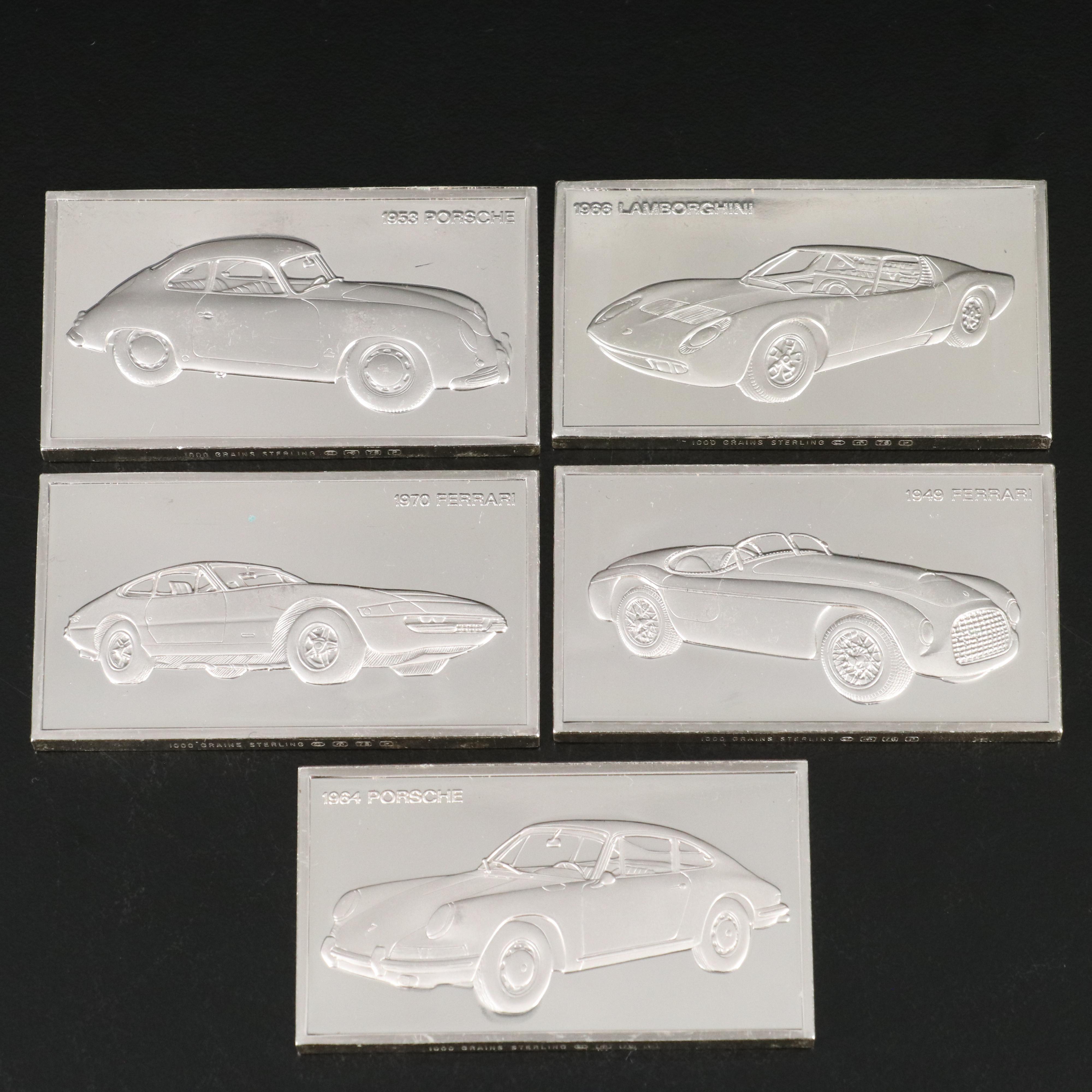 Five Franklin Mint Sterling Silver Bars Depicting Famous Cars