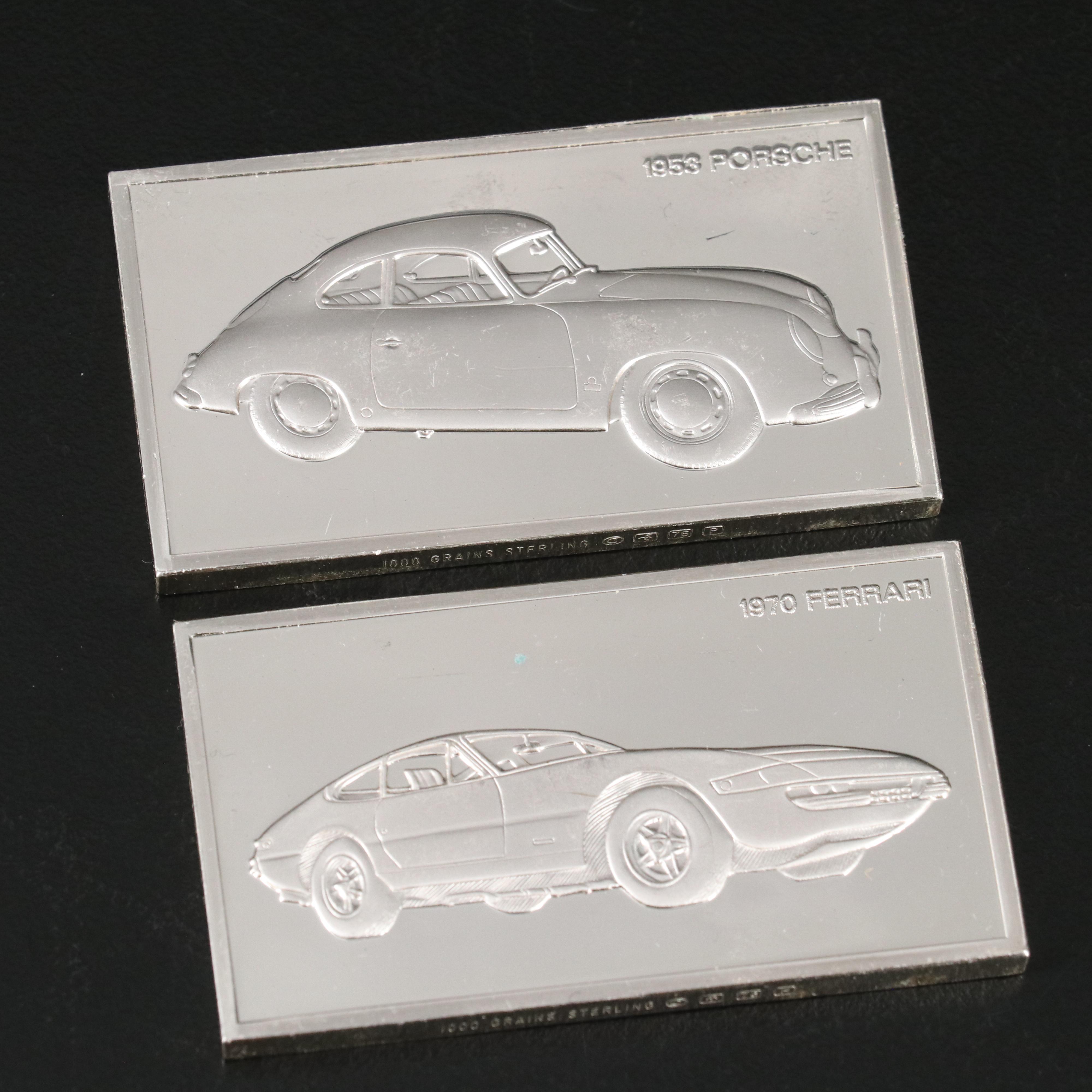 Five Franklin Mint Sterling Silver Bars Depicting Famous Cars