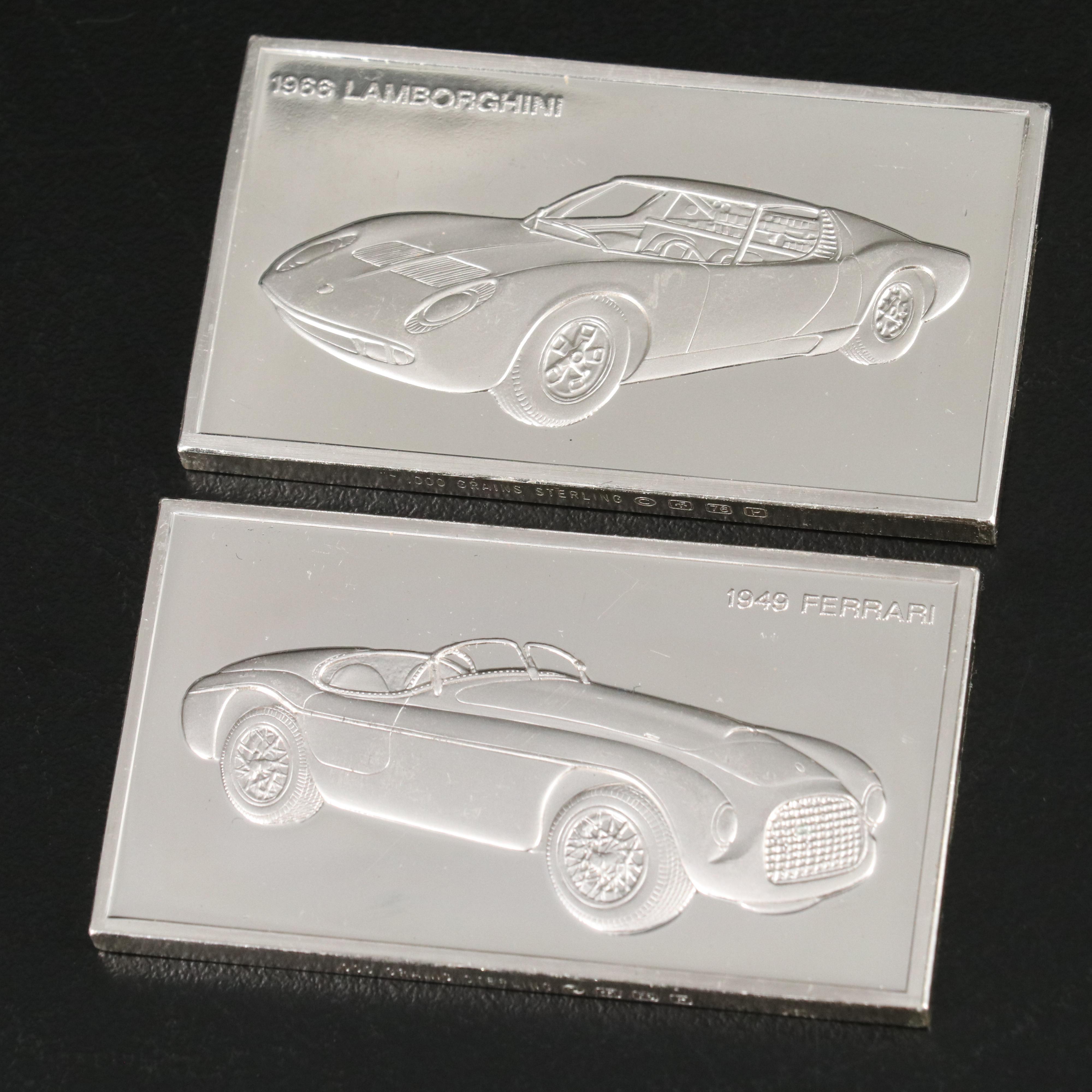 Five Franklin Mint Sterling Silver Bars Depicting Famous Cars