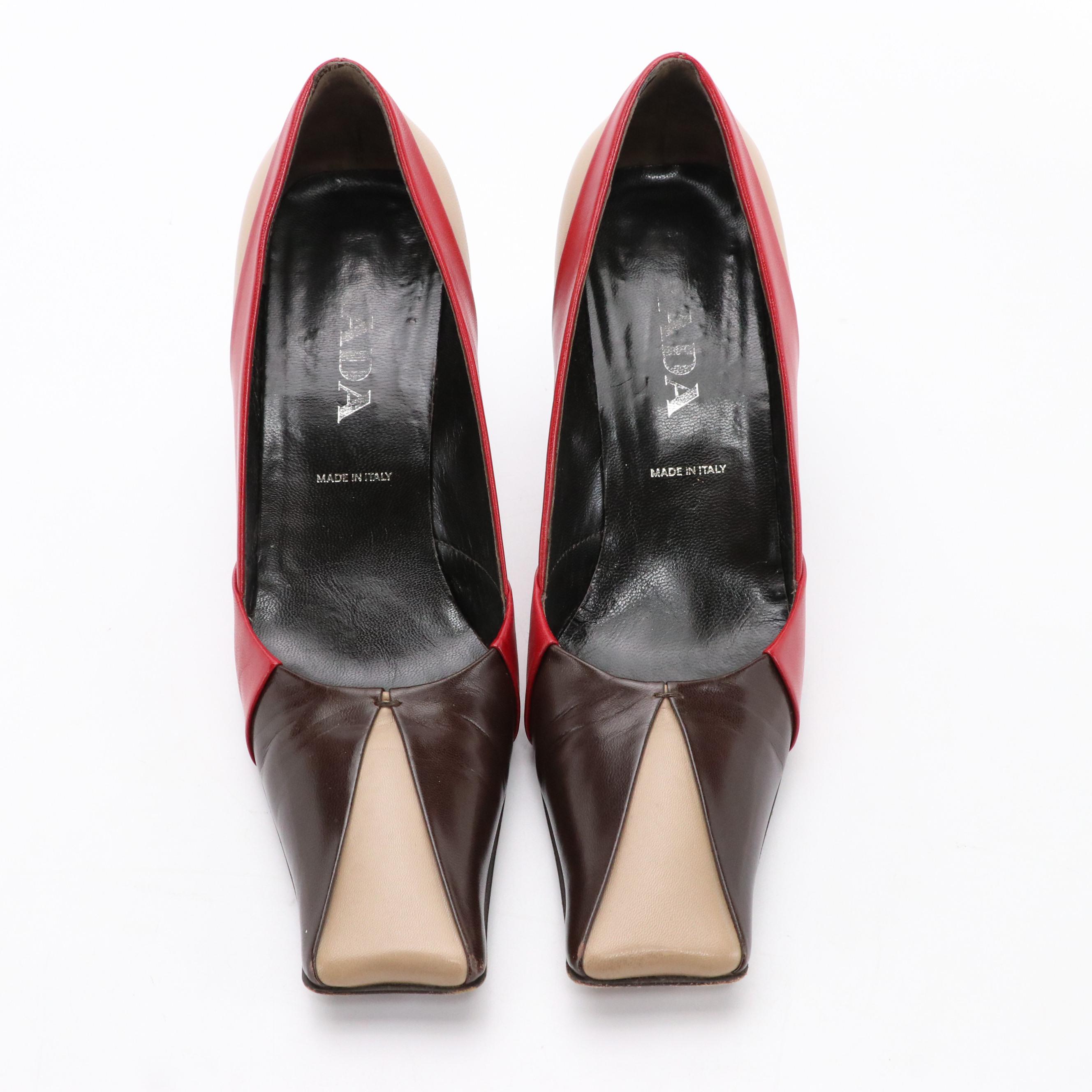 Prada Tricolor Leather Square-Toe Pumps in Box