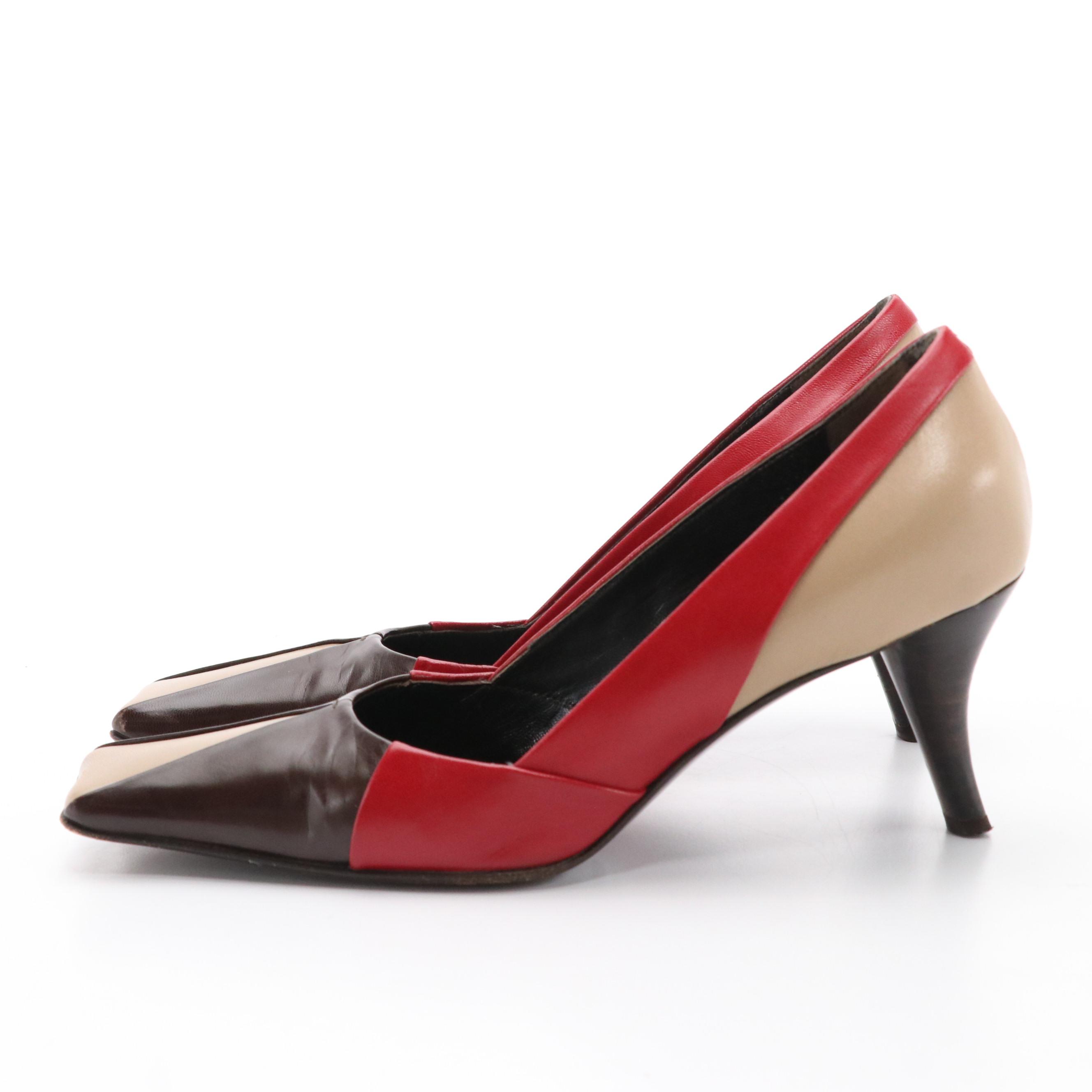 Prada Tricolor Leather Square-Toe Pumps in Box