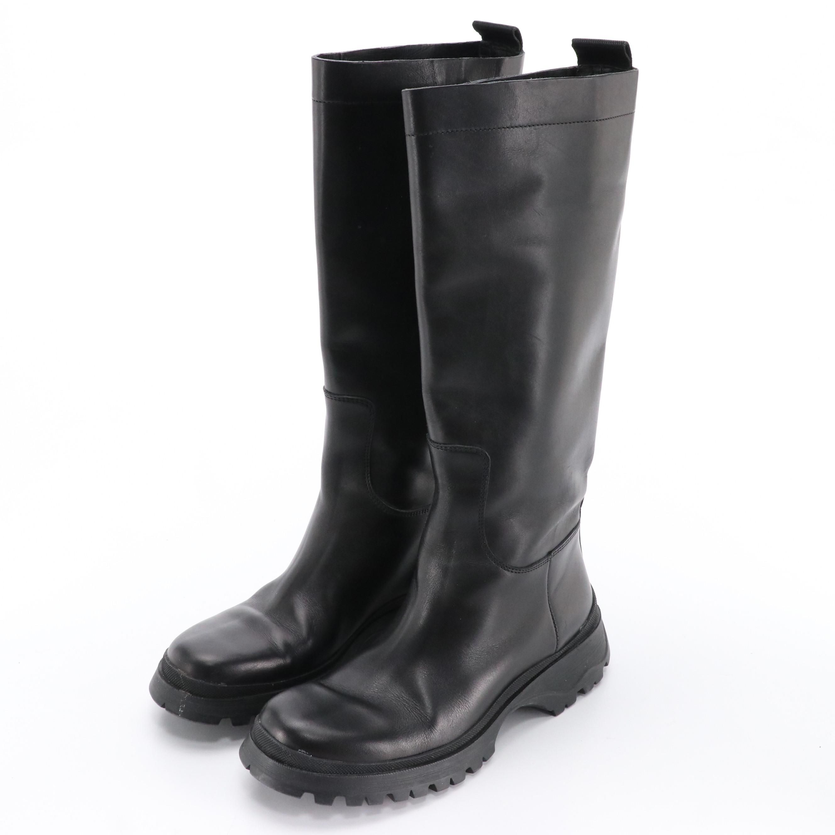Prada Sport Black Leather Chunky Sole Mid-Calf Boots