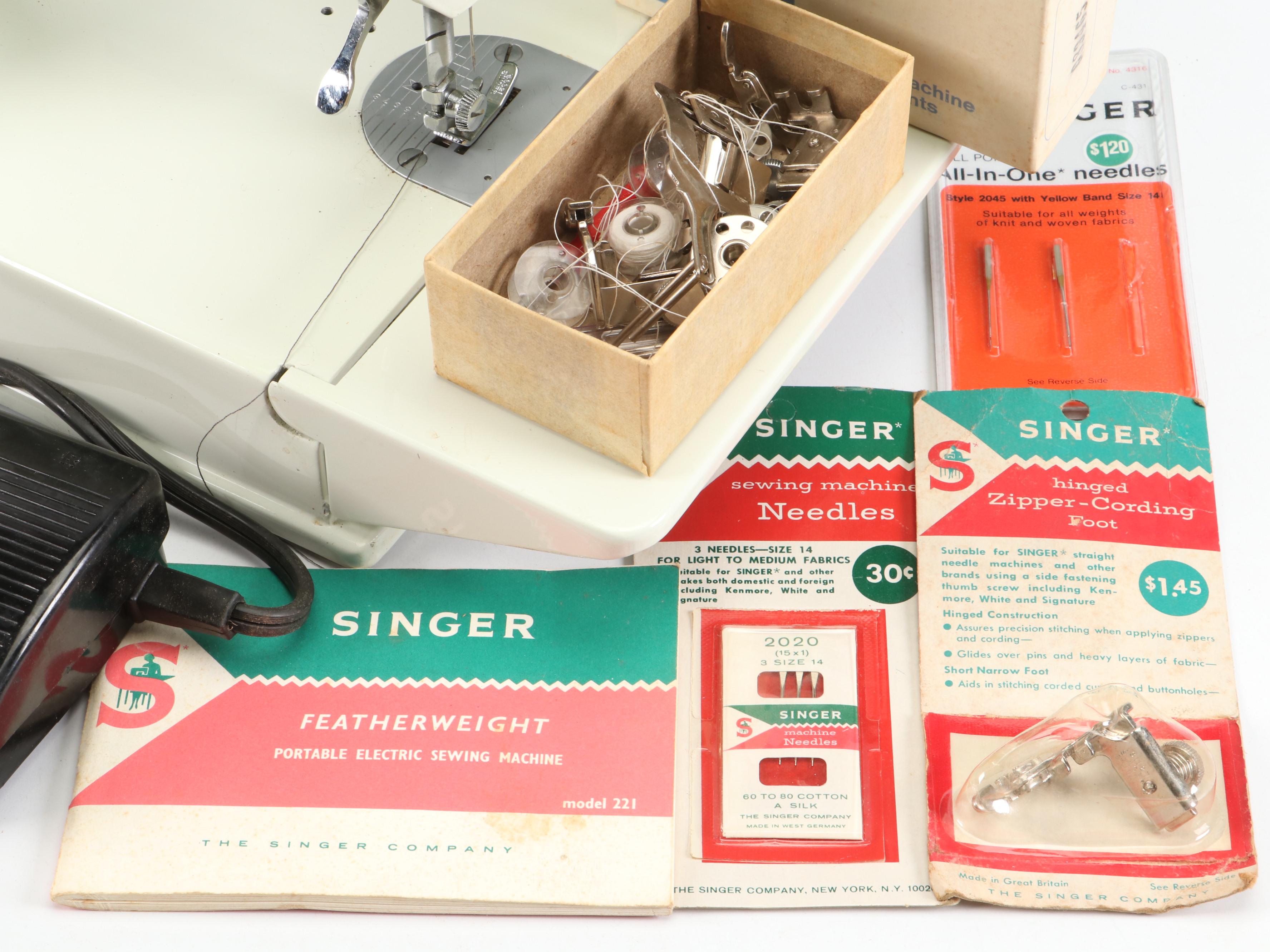 Singer 221K Featherweight Sewing Machine with Case and Supplies, Mid 20th C.