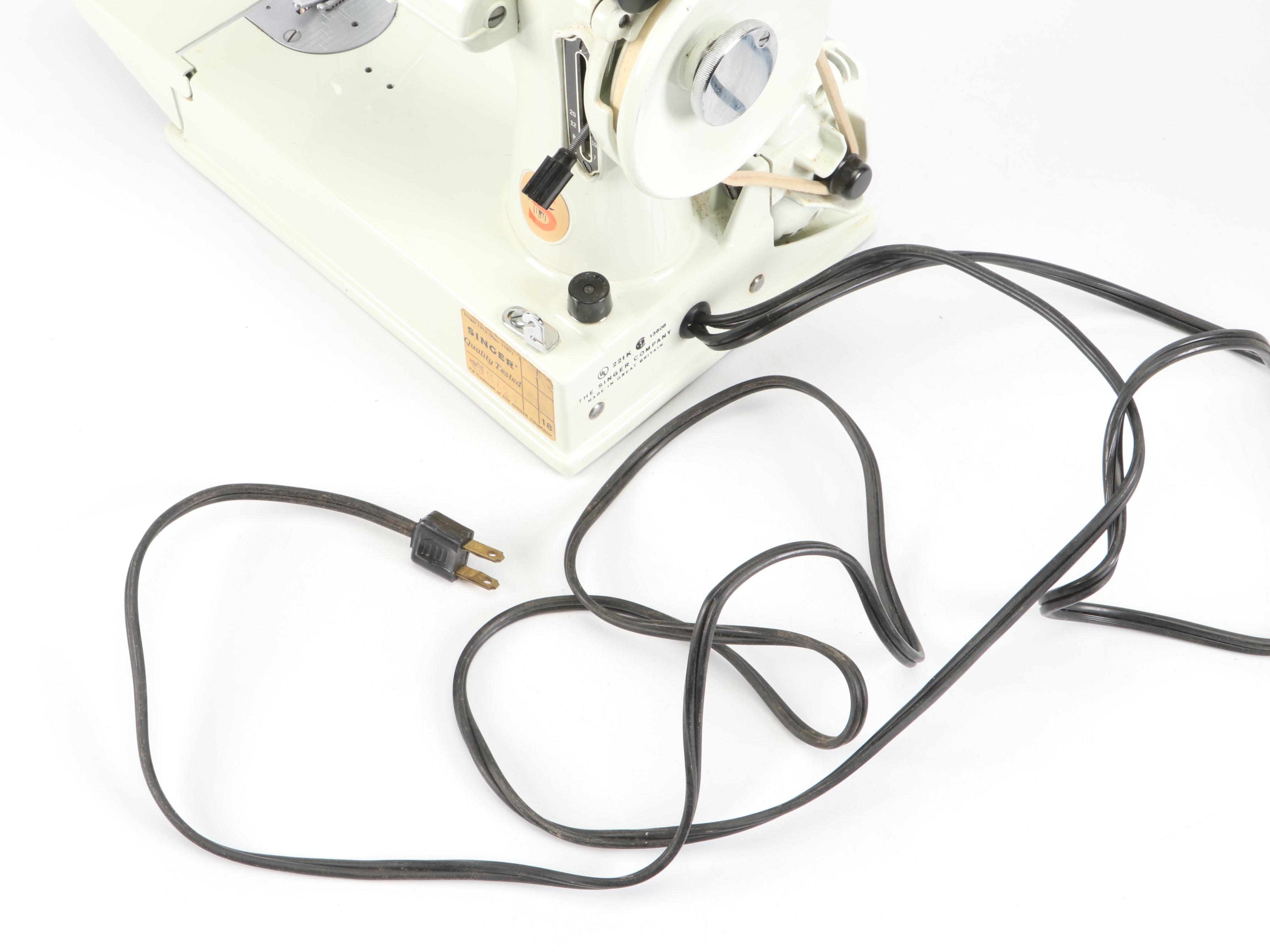 Singer 221K Featherweight Sewing Machine with Case and Supplies, Mid 20th C.