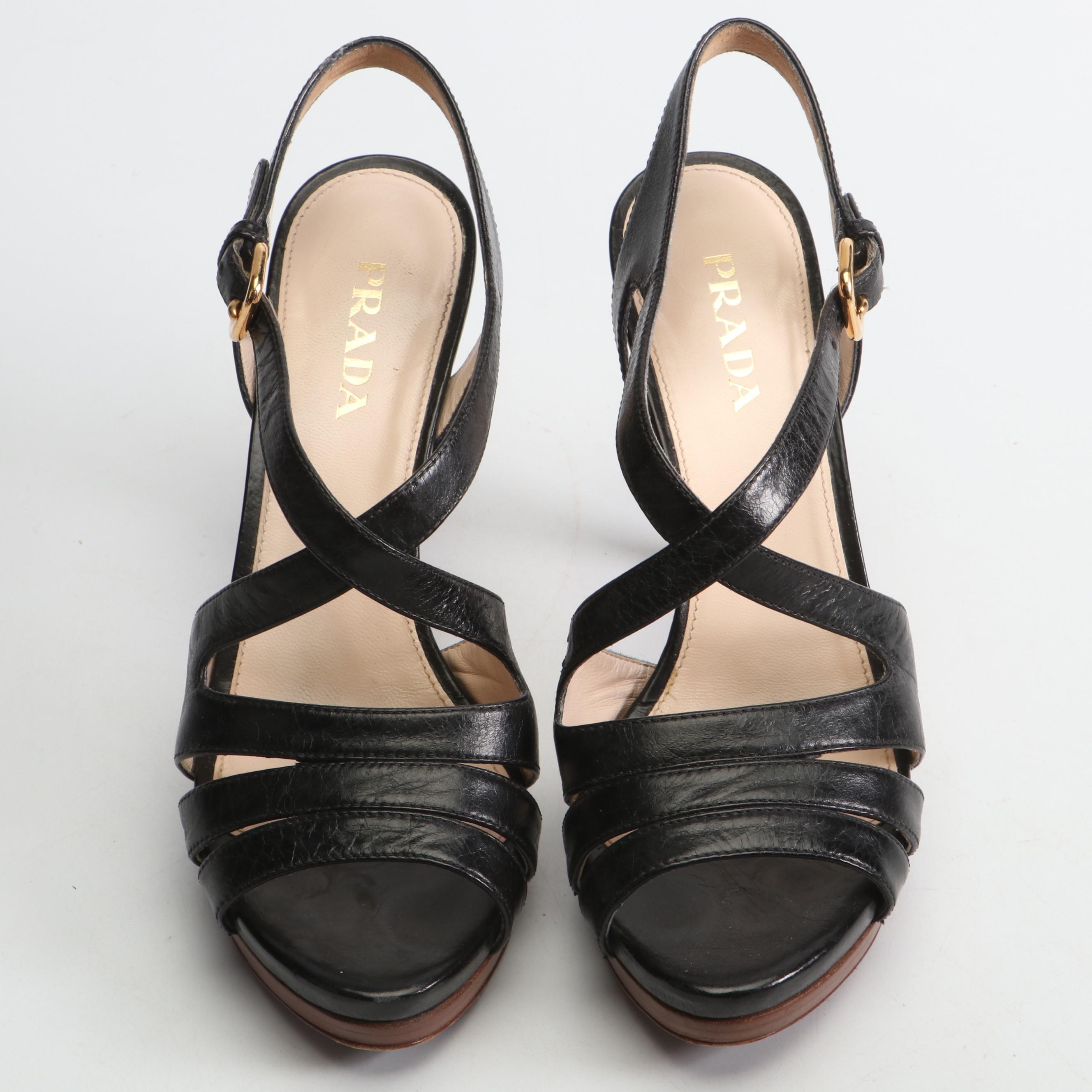 Prada Strappy Black Vitello Shine Leather Pumps in Box