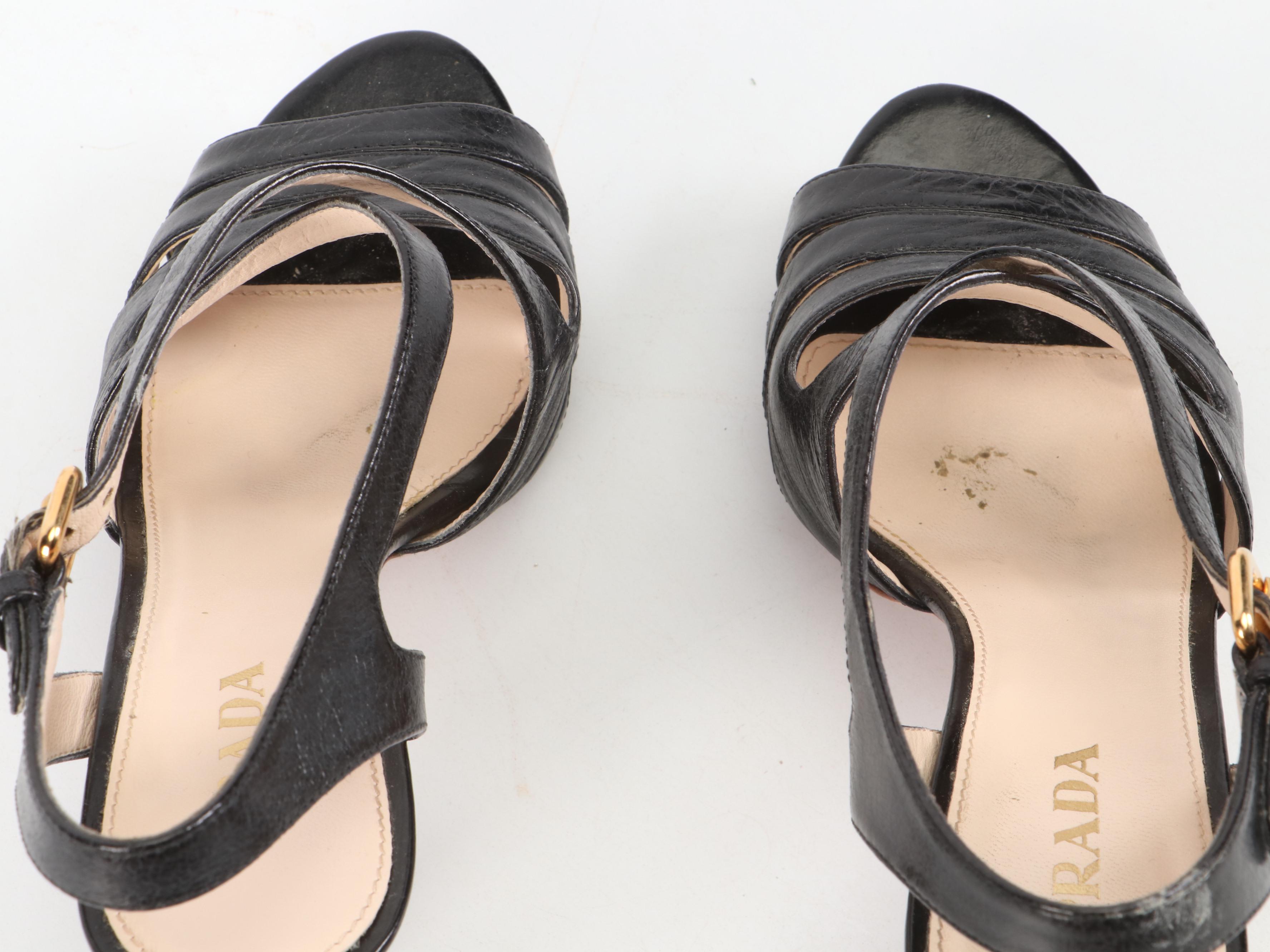 Prada Strappy Black Vitello Shine Leather Pumps in Box