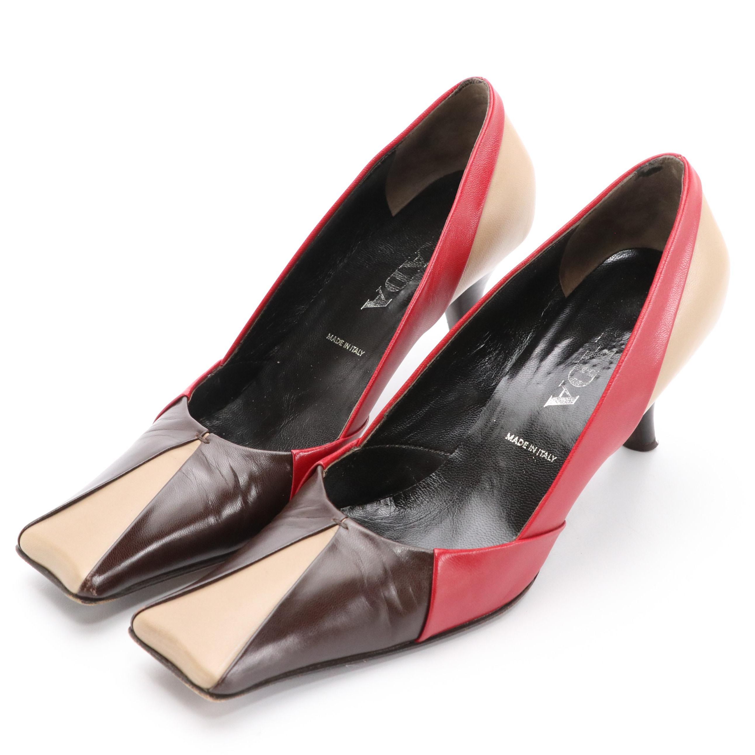 Prada Tricolor Leather Square-Toe Pumps in Box