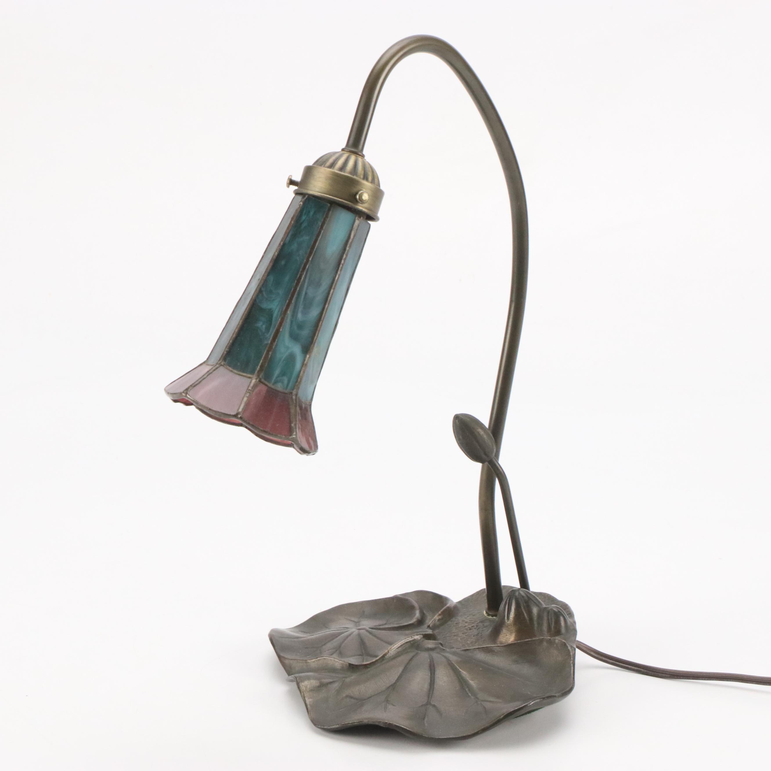 Art Nouveau Style Water Lily Table Lamp with Slag Glass Trumpet Shade