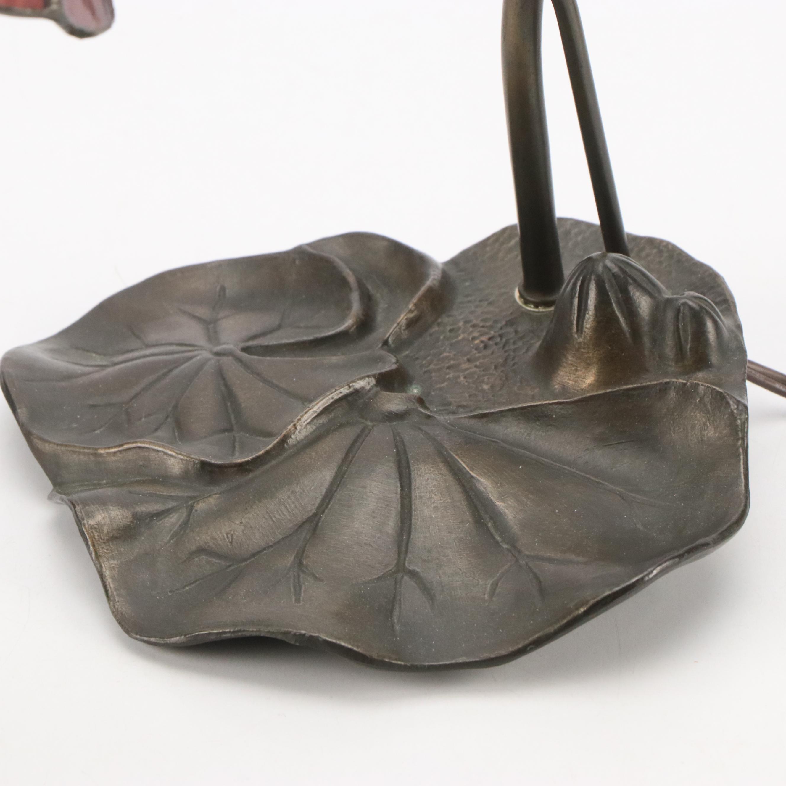 Art Nouveau Style Water Lily Table Lamp with Slag Glass Trumpet Shade