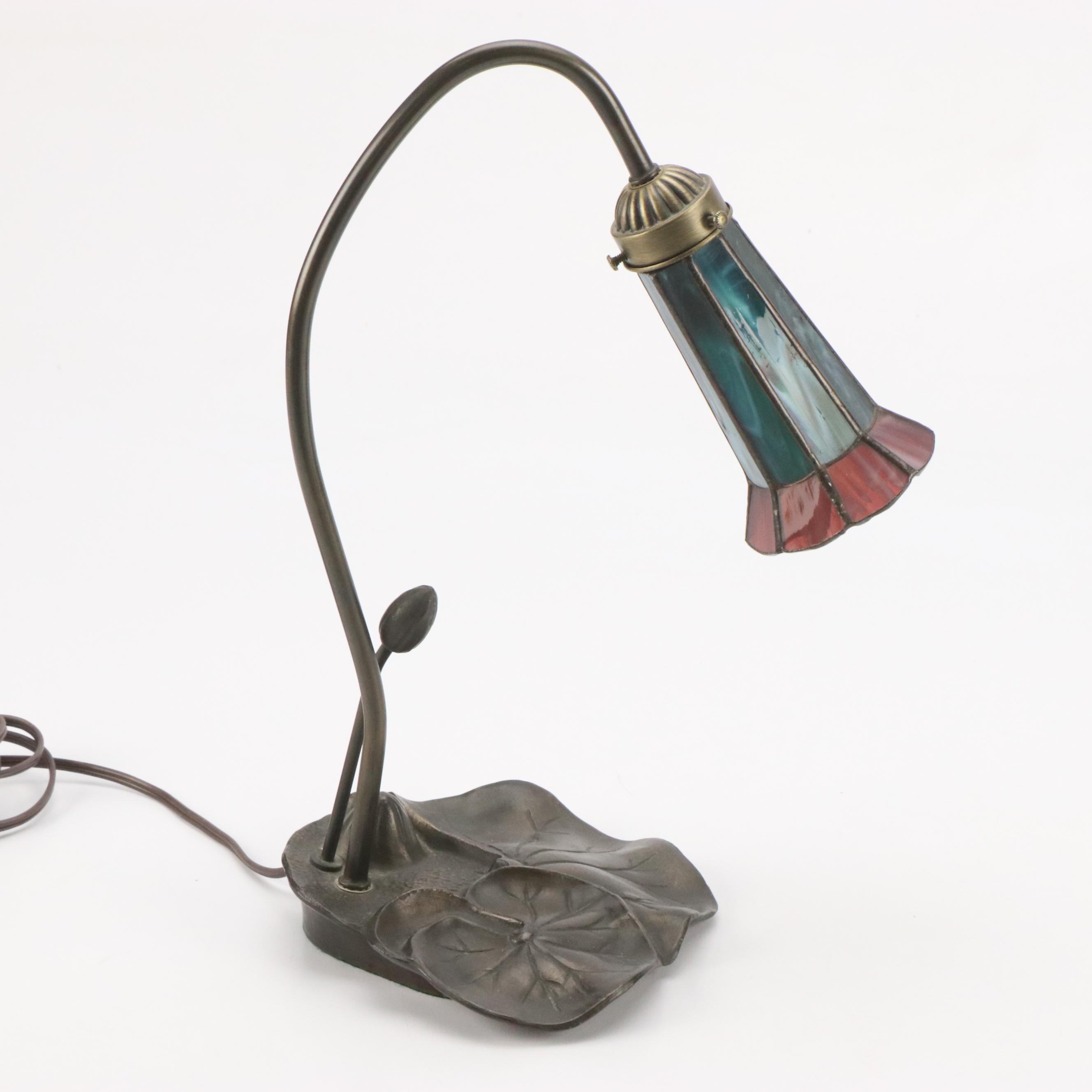 Art Nouveau Style Water Lily Table Lamp with Slag Glass Trumpet Shade