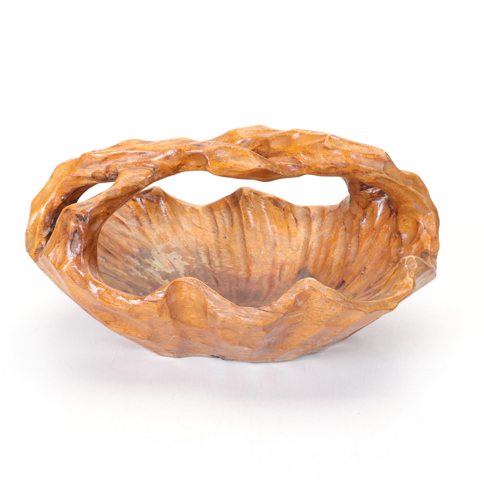 HandCarved Shan Mu Burl Wood Basket with Braided Handle Everything