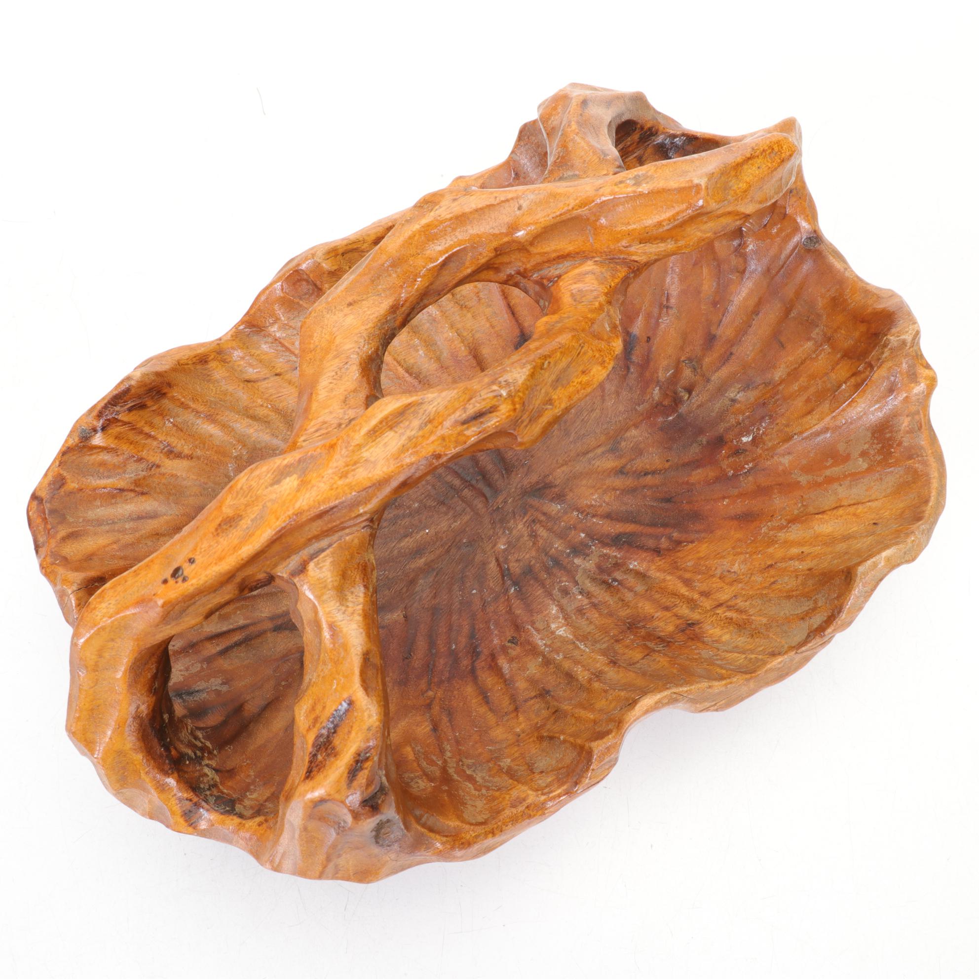 HandCarved Shan Mu Burl Wood Basket with Braided Handle Everything