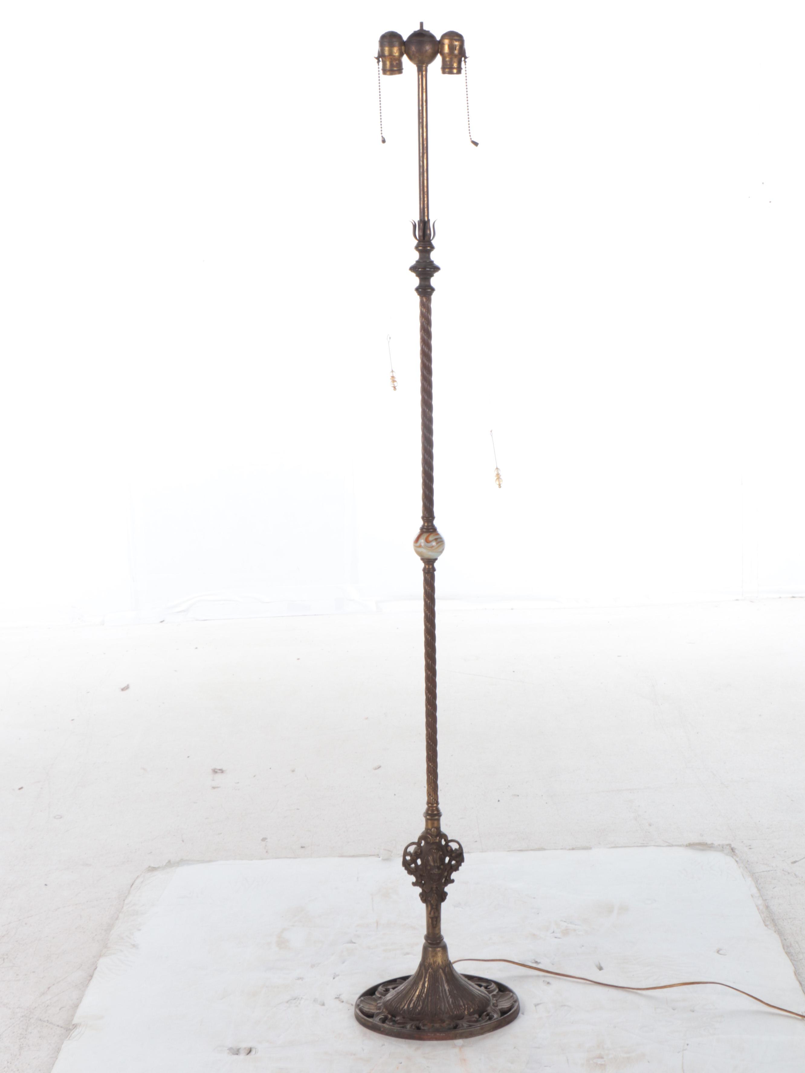 Late Victorian Cast Brass and Slag Glass Orb Floor Lamp, Early 20th C