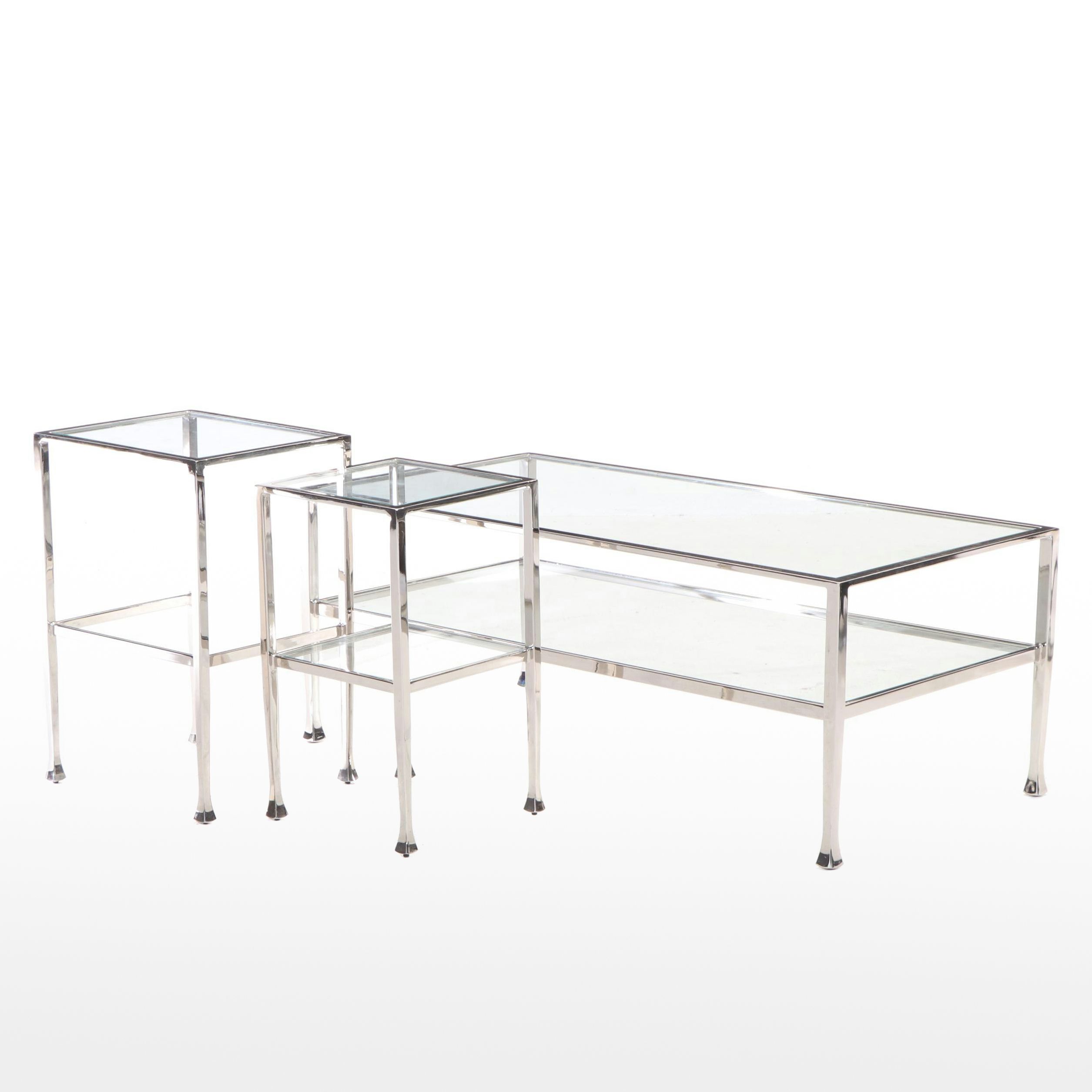 Pottery Barn "Tanner" Chrome and Glass Coffee Table and Two Nesting Tables