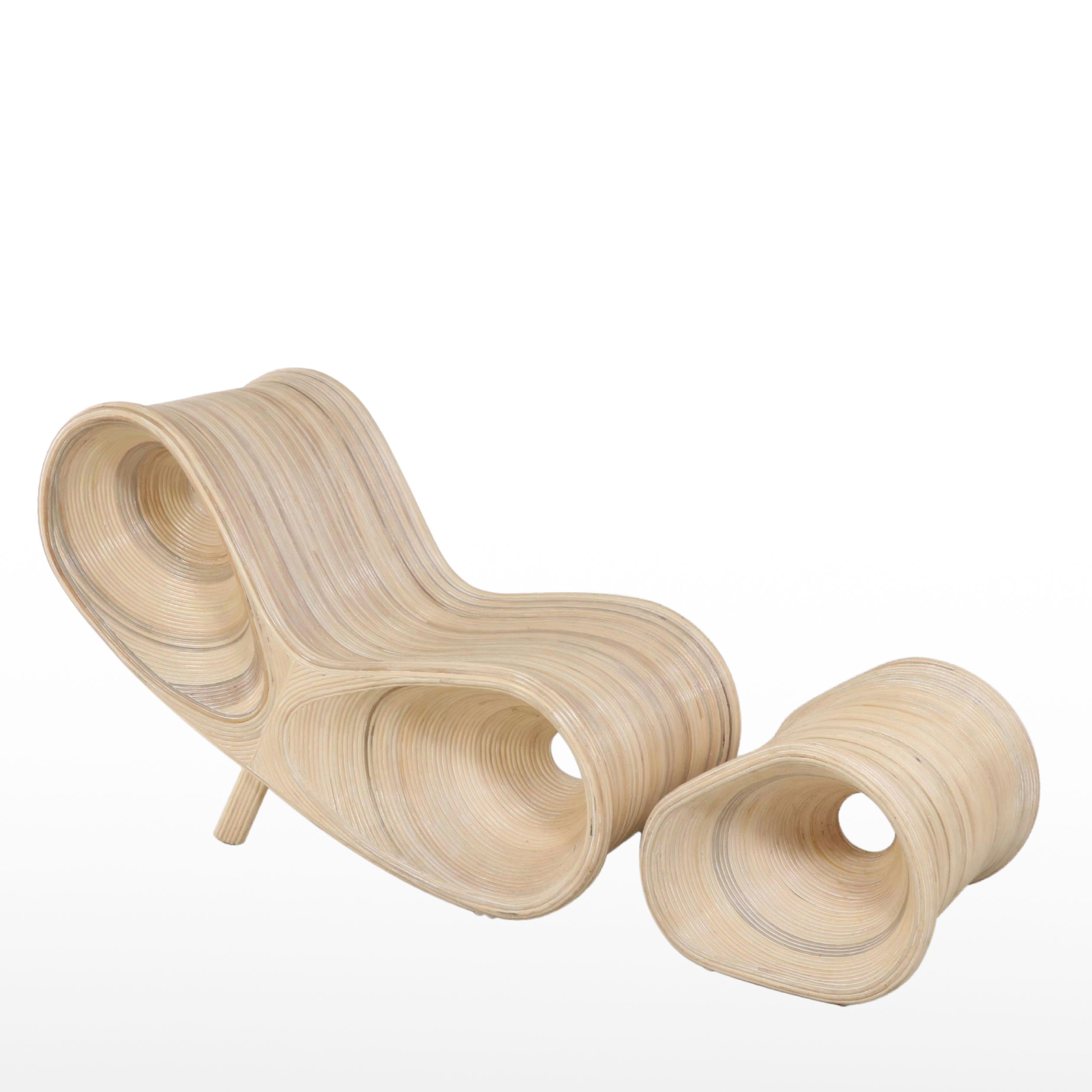 Sculptural Split Reed Lounge Chair and Ottoman in the Manner of Betty Cobonpue