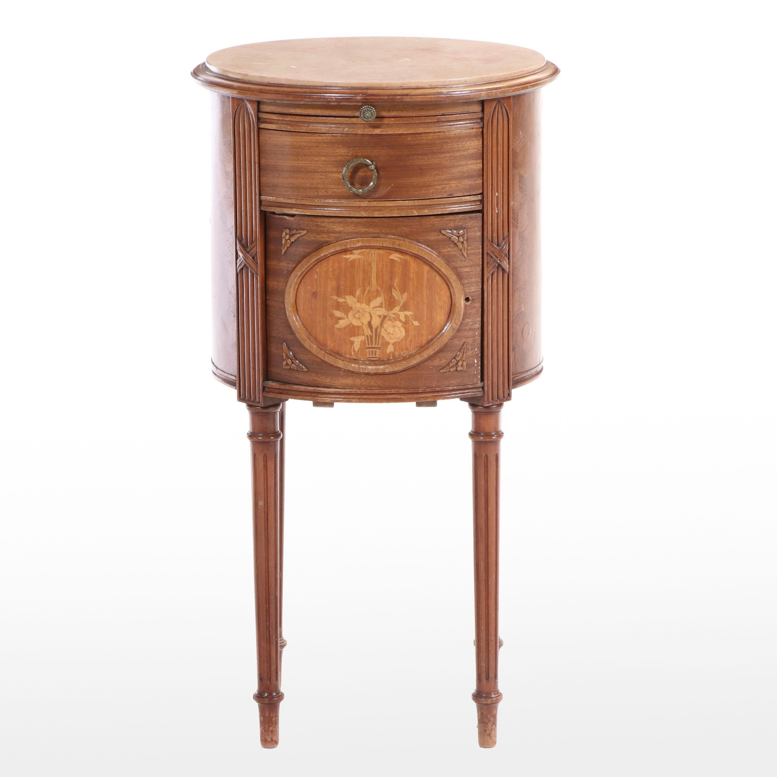 Pair of Louis XVI Style Kingwood, Marquetry, and Marble Top Bedside Tables