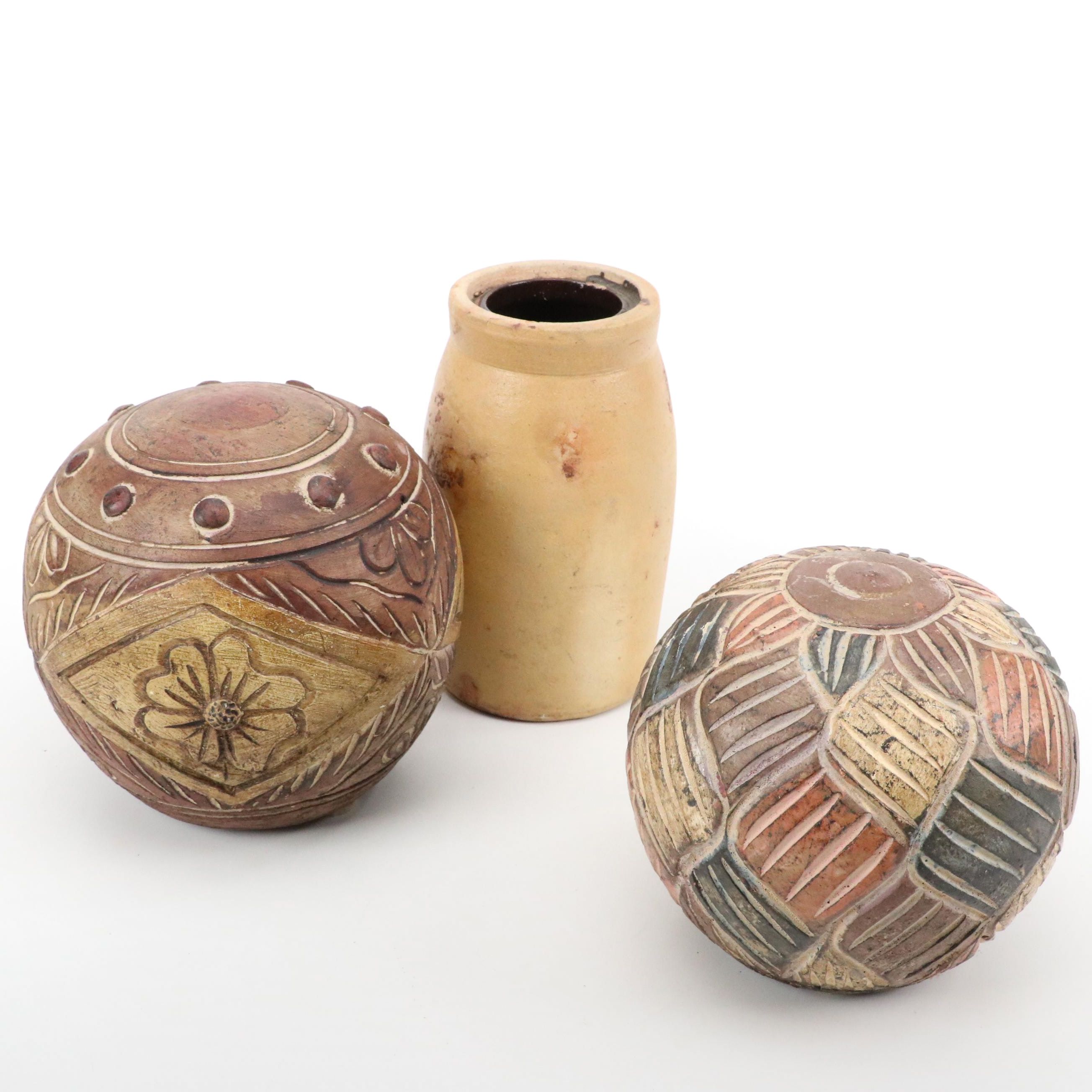 Stoneware Wax Sealed Crock with Carved Earthenware Art Pottery Orbs