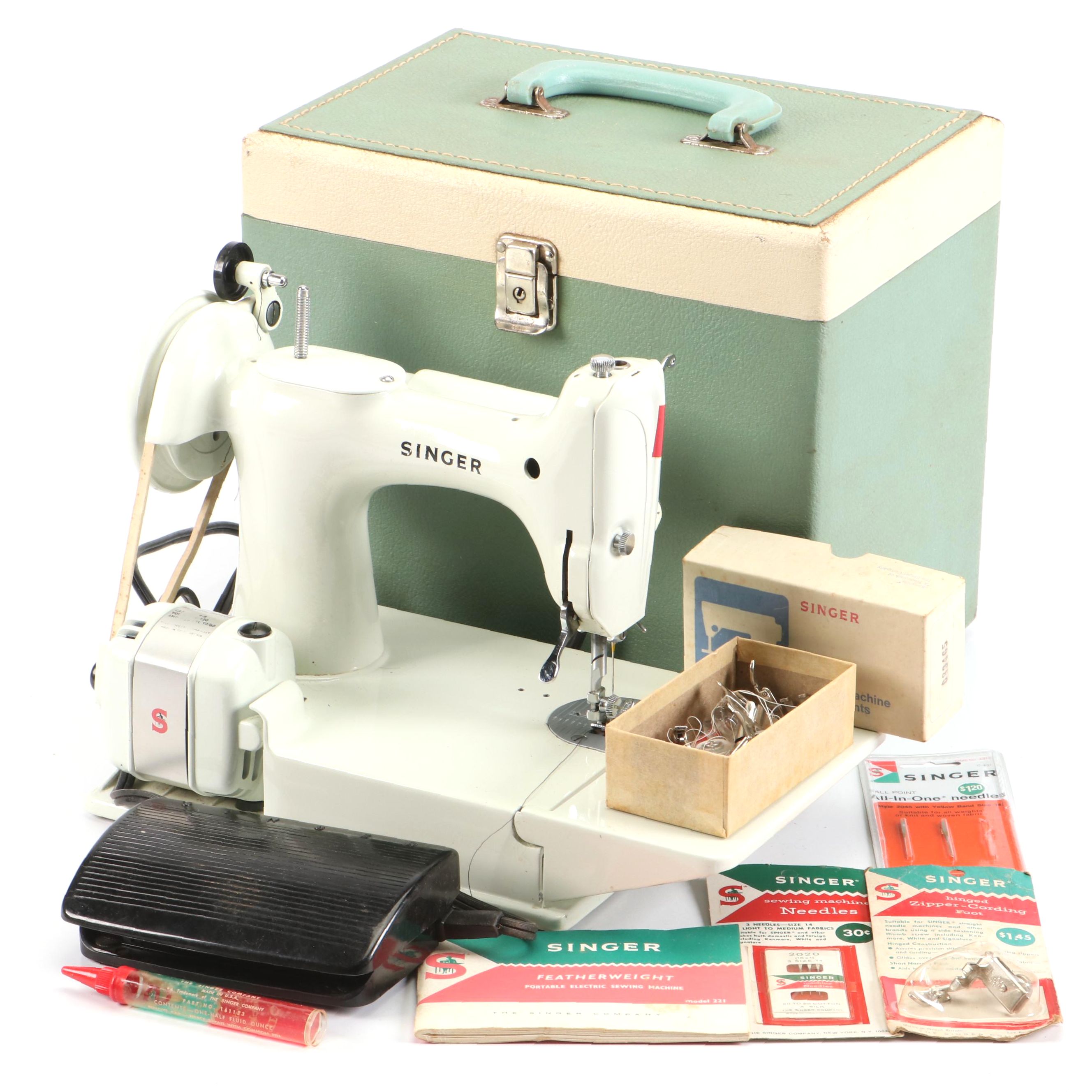 Singer 221K Featherweight Sewing Machine with Case and Supplies, Mid 20th C.