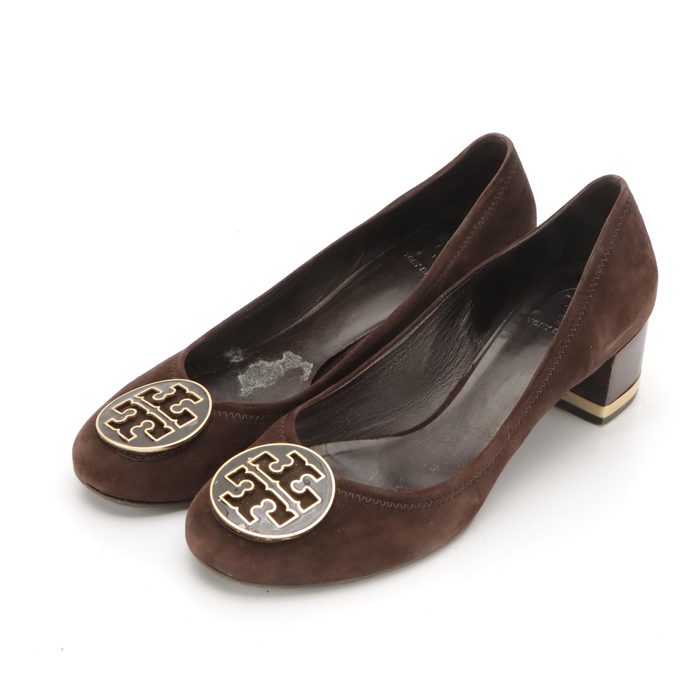 Tory Burch Cara Bicolor Leather Wedges in Box & Amy Brown Suede Logo Block Heels