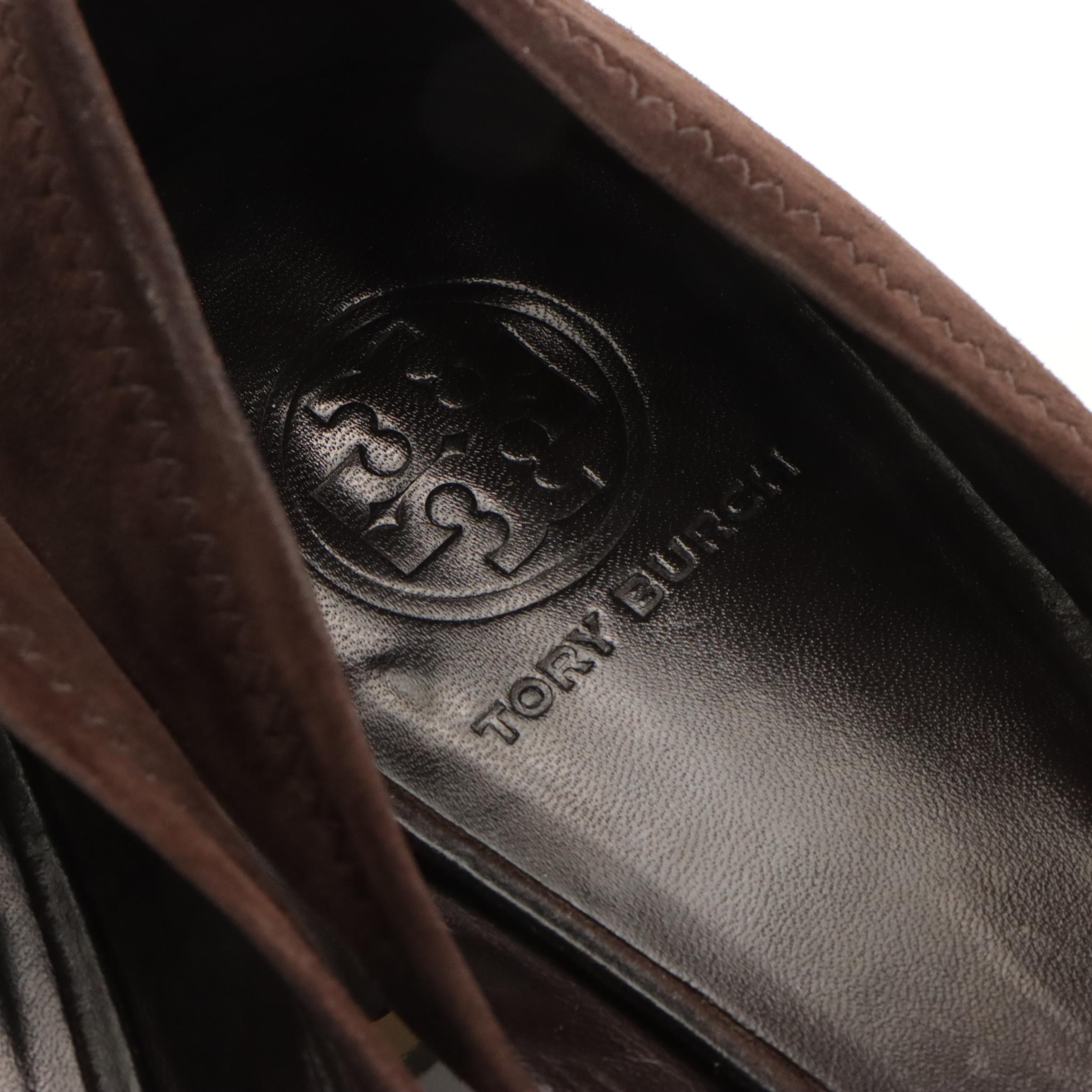 Tory Burch Cara Bicolor Leather Wedges in Box & Amy Brown Suede Logo Block Heels