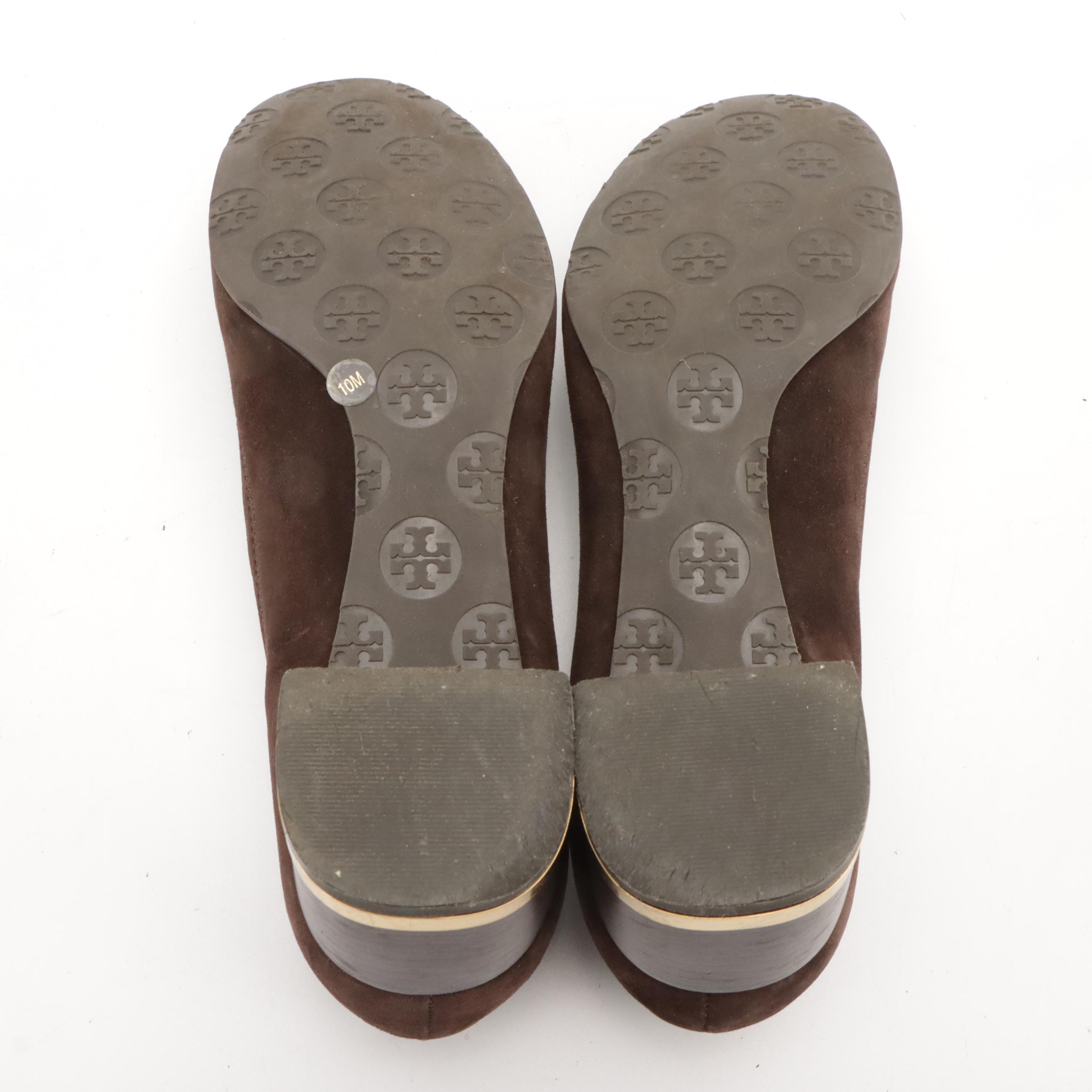 Tory Burch Cara Bicolor Leather Wedges in Box & Amy Brown Suede Logo Block Heels