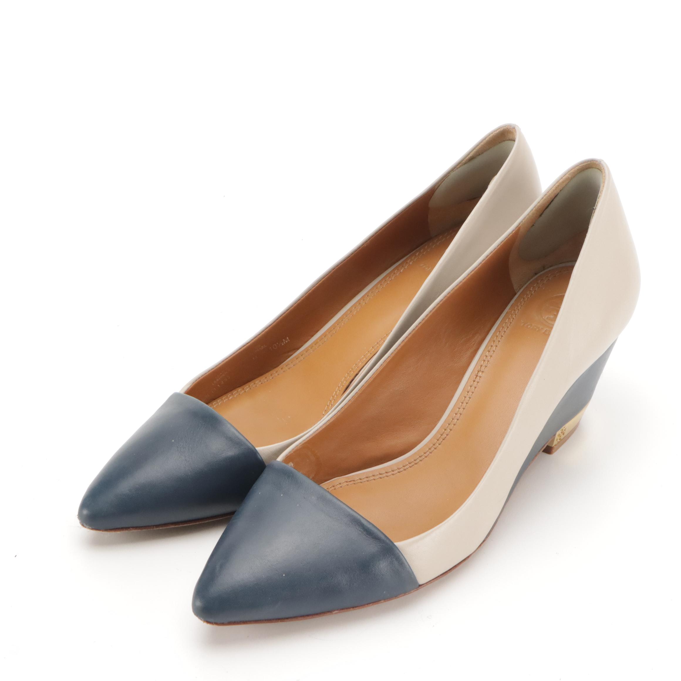 Tory Burch Cara Bicolor Leather Wedges in Box & Amy Brown Suede Logo Block Heels