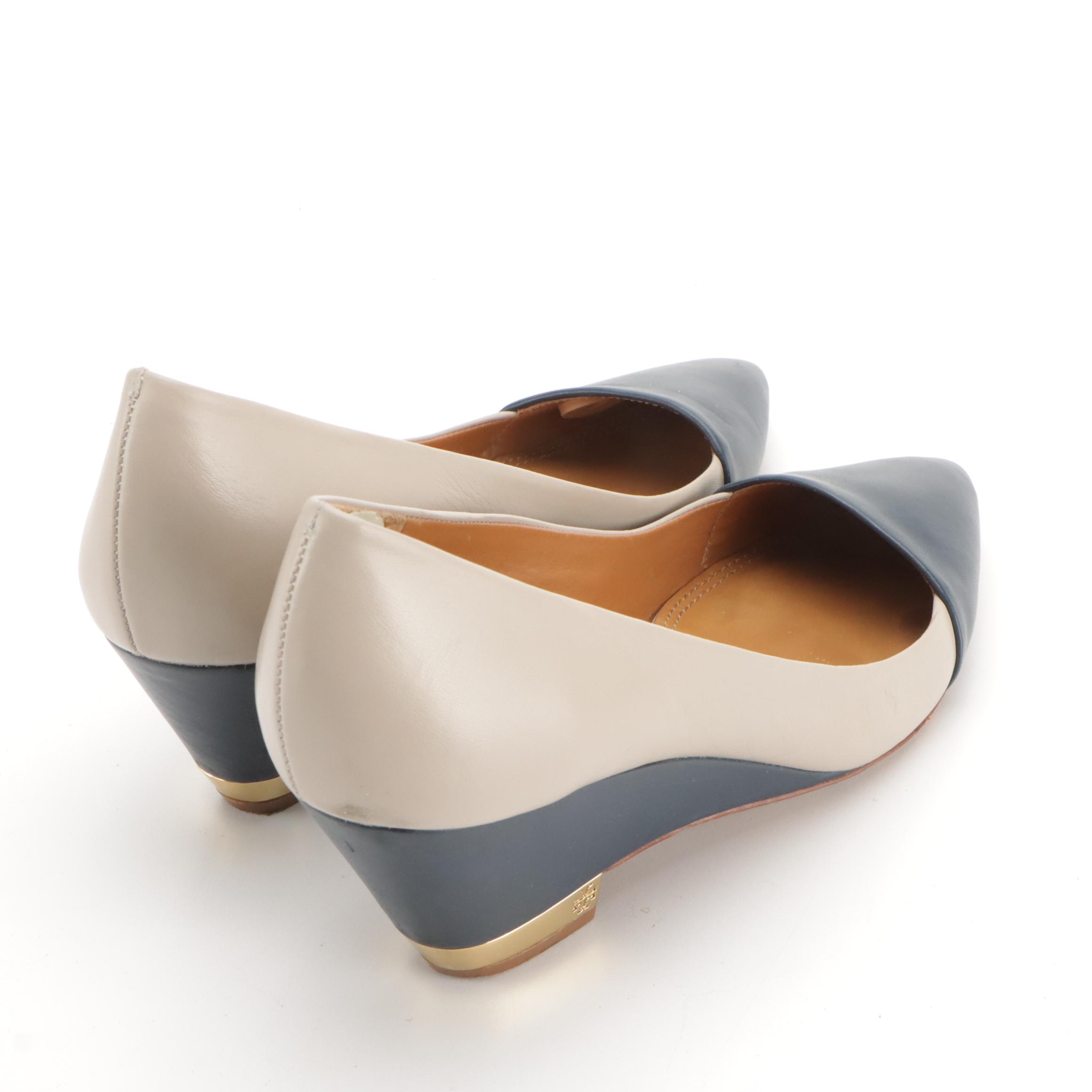 Tory Burch Cara Bicolor Leather Wedges in Box & Amy Brown Suede Logo Block Heels