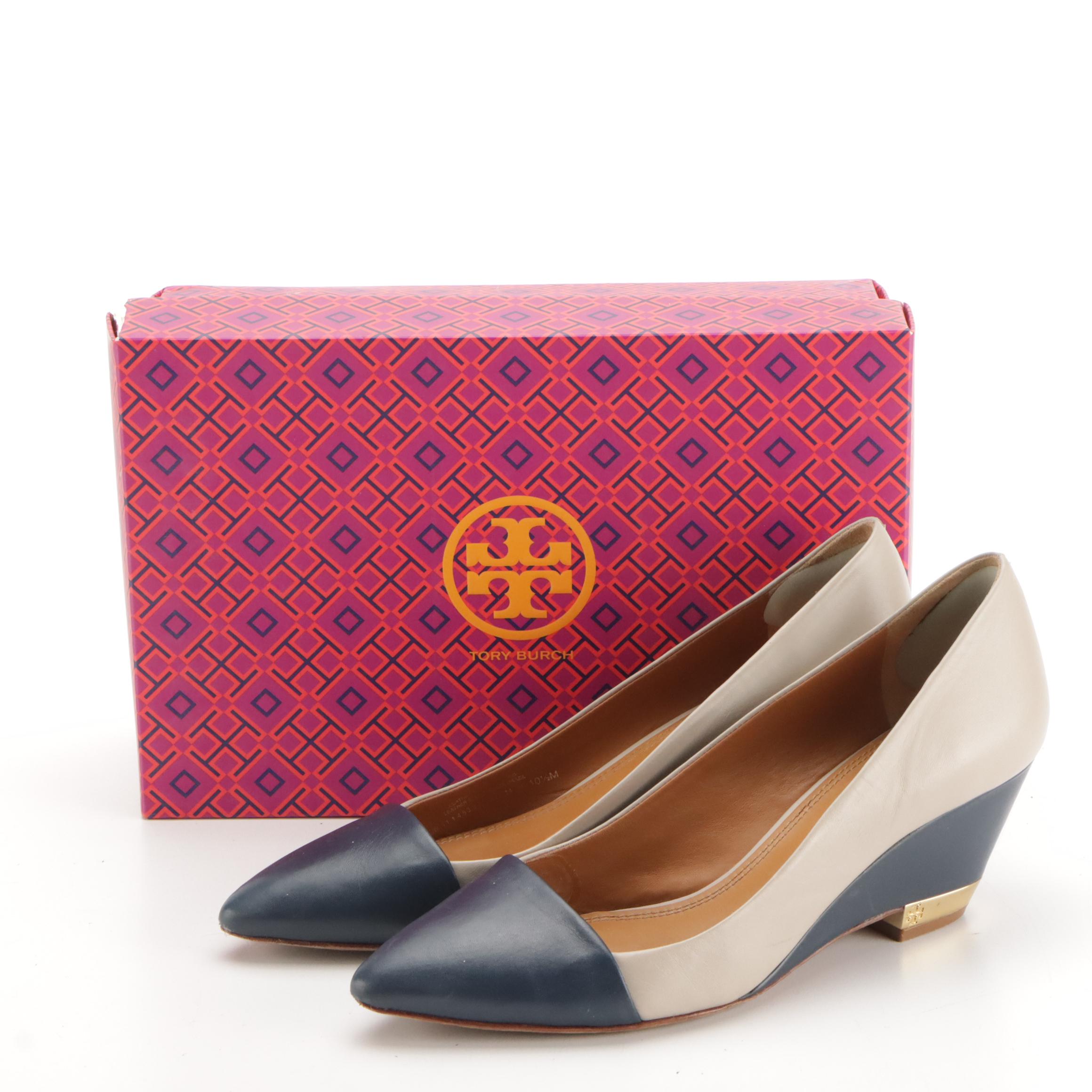 Tory Burch Cara Bicolor Leather Wedges in Box & Amy Brown Suede Logo Block Heels